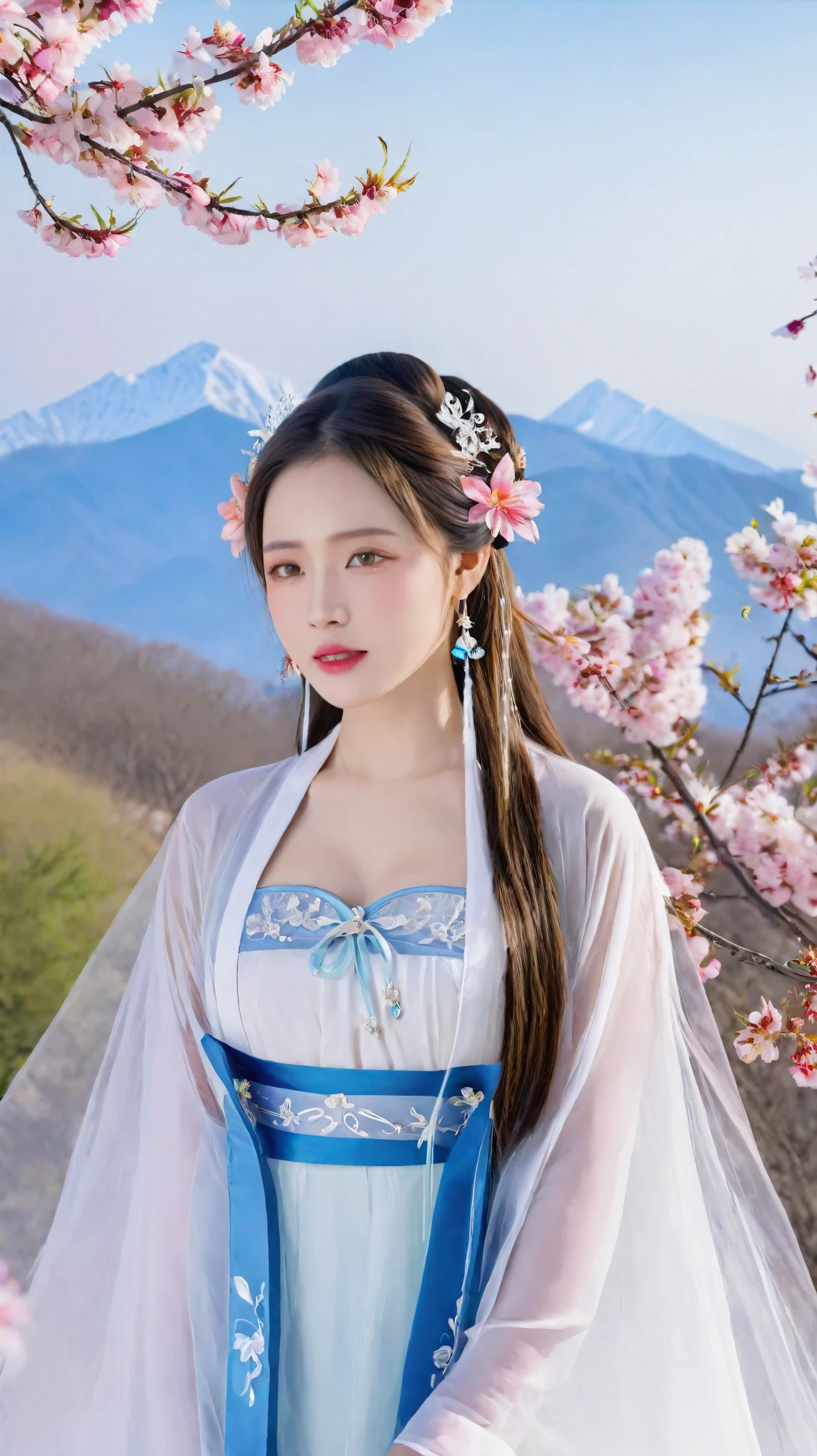 There are blue sky, white clouds and mountains in the distance、tower and many people，Pink flowers，Cherry tree，Hanfu woman,Phoenix crown tiara、Fine embroidery、Wear Hanfu pantyhose、Hanfu、Wear long-sleeved Hanfu、Transparent and clearly visible、Look and、Exposed oversized breasts、Raw,(8k、Top quality、masterpiece:1.8)、(Intricate details:1.8)、(Reality:1.8)、Octane Rendering、Complex 3D rendering with ultra-details, Studio soft light, Side light, Vivid details, Super Detail, Realistic skin texture, Details, beautiful eyes, Highly detailed CG Unity 16k wallpaper, cosmetic, (Detailed background:2.0), Clear fingers，Beautiful fingers，Radiant skin、Spread your legs，Camel toe showing thigh!!!、