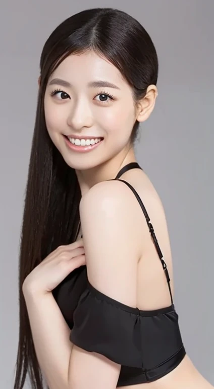 One Woman,Japanese、Beautiful Eyes,Symmetrical eyes,Slim figure, Realistic teeth, double eyelid,Long Hair、Ponytail Hair,smile、Black Bikini,(whole body:1.2)