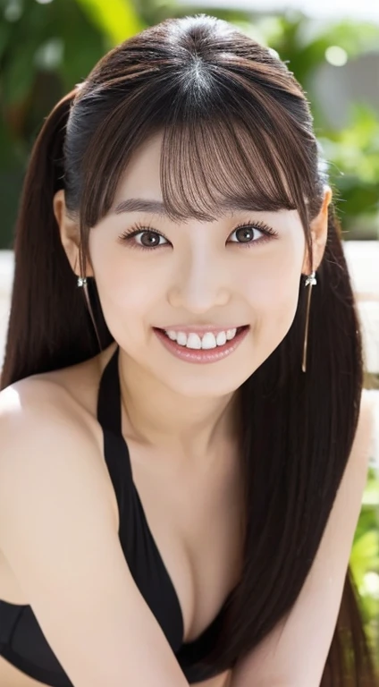 One Woman,Japanese、Beautiful Eyes,Symmetrical eyes,Slim figure, Realistic teeth, double eyelid,Long Hair、Ponytail Hair,smile、Black Bikini,(whole body:1.2)
