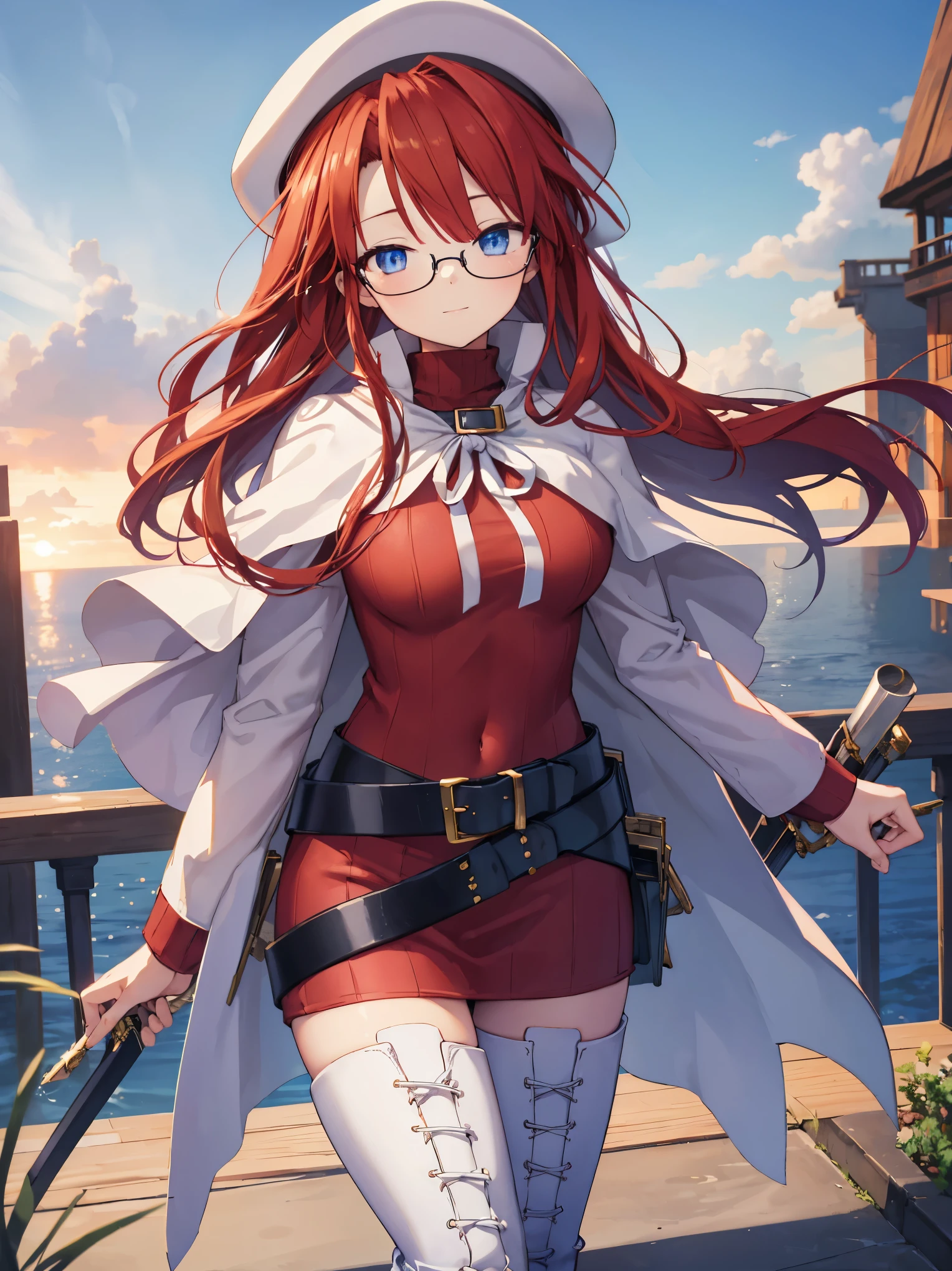 pov,nsfw,summonnightaty, aty, (young:1.3),long hair, blue eyes, red hair, beret, hat, glasses,
BREAK long hair, thighhighs, hat, dress, boots, glasses, belt, cape, sweater, zettai ryouiki, beret, thigh boots, white footwear, ribbed sweater, loose belt,solo,
BREAK outdoors, fantasy,on_a_ship,
BREAK (masterpiece:1.2), best quality, high resolution, unity 8k wallpaper, (illustration:0.8), (beautiful detailed eyes:1.6), extremely detailed face, perfect lighting, extremely detailed CG, (perfect hands, perfect anatomy),covered_nipples,covered_navel,light_smile ,(half_eyes:1.4),sword,armpit,sleepy,dynamic_standing,barrel,red_sweater,apart_legs,magical_effect,focus_breasts,