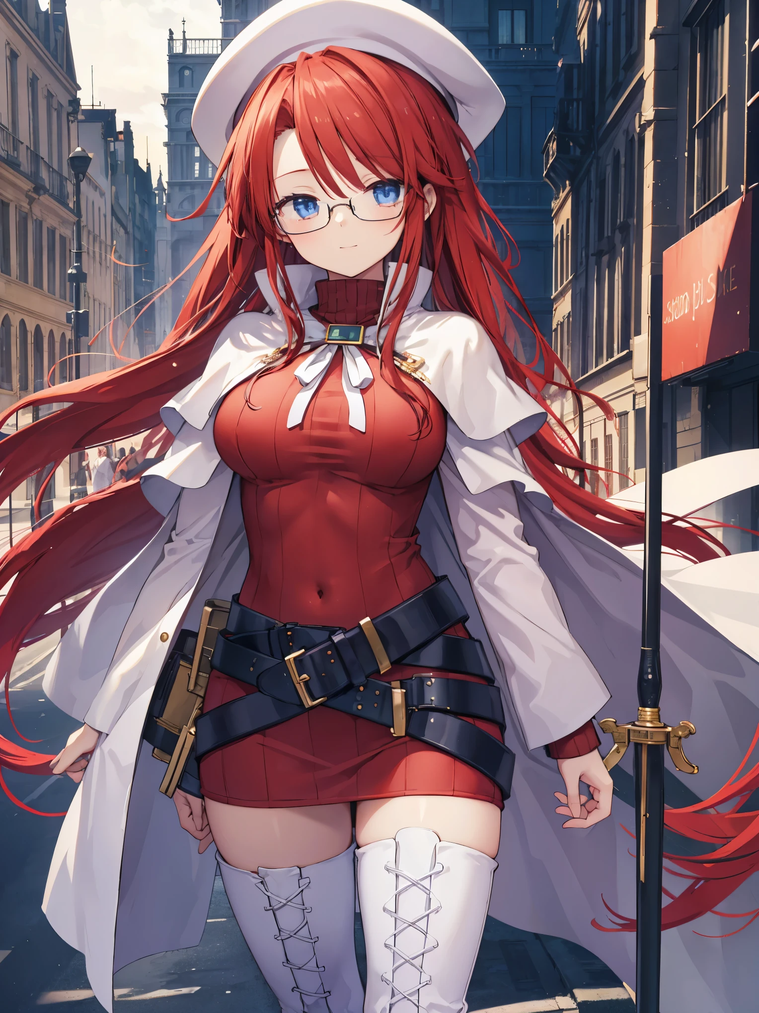 pov,nsfw,summonnightaty, aty, (young:1.3),long hair, blue eyes, red hair, beret, hat, glasses,
BREAK long hair, thighhighs, hat, dress, boots, glasses, belt, cape, sweater, zettai ryouiki, beret, thigh boots, white footwear, ribbed sweater, loose belt,solo,
BREAK outdoors, fantasy,on_a_ship,
BREAK (masterpiece:1.2), best quality, high resolution, unity 8k wallpaper, (illustration:0.8), (beautiful detailed eyes:1.6), extremely detailed face, perfect lighting, extremely detailed CG, (perfect hands, perfect anatomy),covered_nipples,covered_navel,light_smile ,(half_eyes:1.4),sword,armpit,sleepy,dynamic_standing,barrel,red_sweater,apart_legs,magical_effect,focus_breasts,