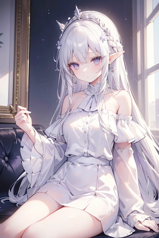 Best quality, highly detailed, masterpiece, ultra detailed, (reality: 1.2), 1 girl, (white background), simple background, delicate eyes, silver hair, purple eyes, hair_ornament, (white off-the-shoulder shirt: 1.3), long hair, pointy_ears, crown_braid, expressionless, straight hair, (++ sitting: 1.2), room,