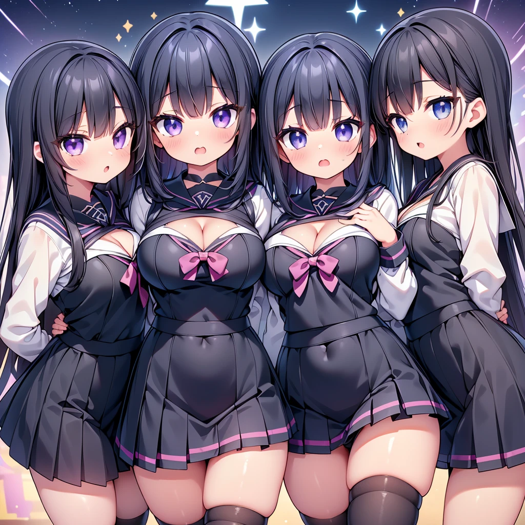 (cute eyes:1.2), (sparkling eyes:1.2), highest quality,wonderful,finely,extremely detailed CG Unity 8K wallpaper, (Stand in line:1.2), (3 girls, Black Hair, Purple Eyes, long hair,cute eyes, clothed), (sailor uniform), (cleavage cutout:1.4), (midium breasts), (open mouth:1.1), (long tongue:1.1), (mouth drool:1.1), (Black knee socks:1.1),(Thighs:1.2),(Waistline:1.2)