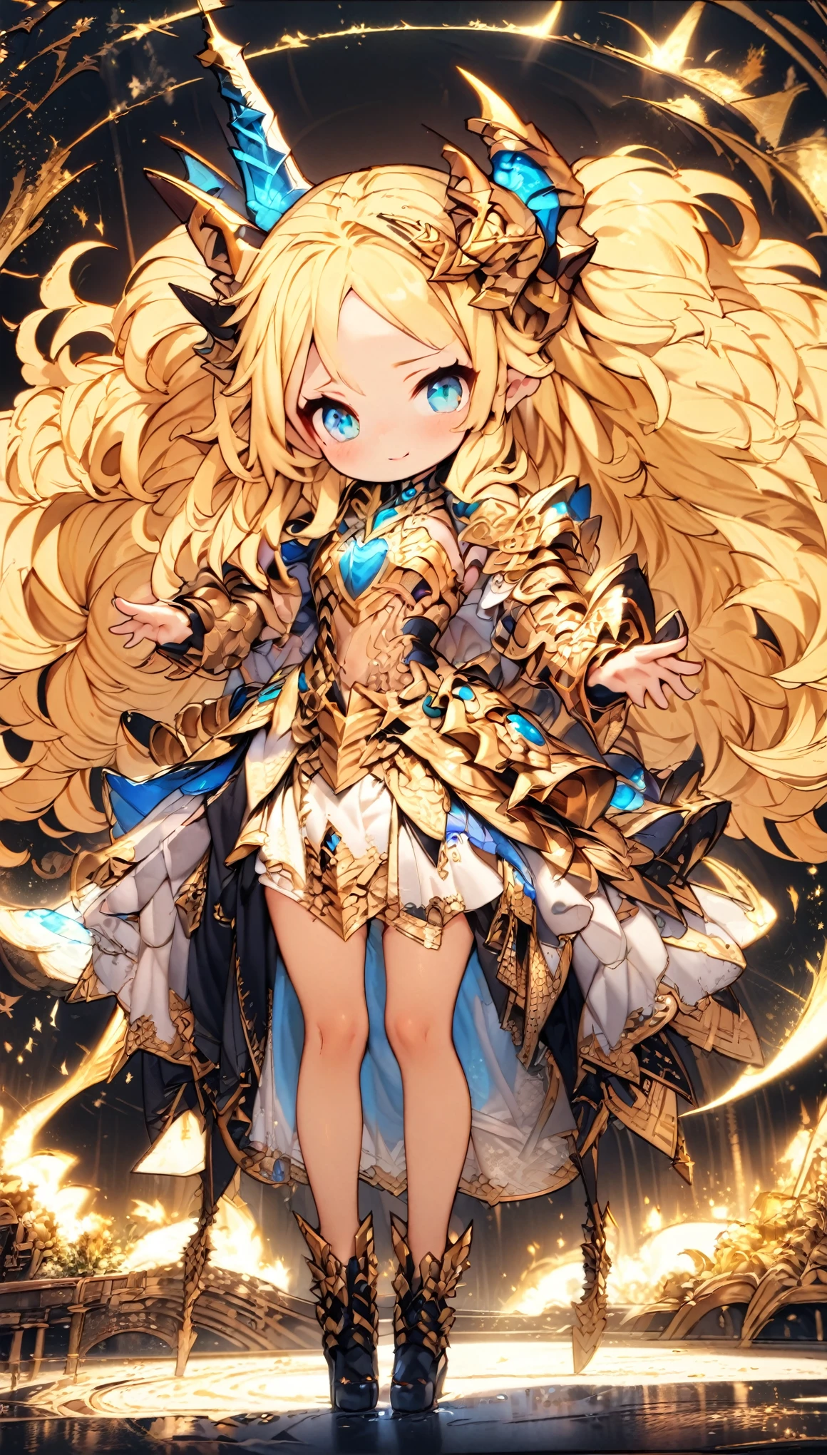 masterpiece, Best Quality, Very detailed, High resolution, Japanese anime、1girl, Blonde Hair、（Medium length hair：1.4）、Side braid hair, Curly Hair, Wavy Hair、, Drill Hair, Curly Outward Hair, Dragon Horn、（blue eyes：1.5）、（Beautiful detailed eyes：1.4）、Laughter、12 years old、3 heads, original character, Fantasy、（Black Background：1.2）、(full body:1.8)、Beautiful fingers, Are standing、（Gold Lace Frill Armor Dress：1.5）、（Jeweled Headgear：1.5）、Photographed from the front, View your viewers