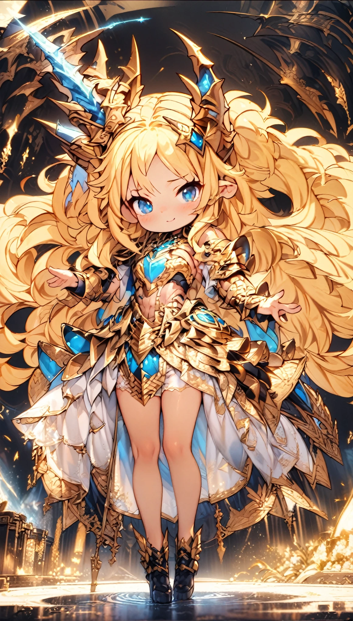 masterpiece, Best Quality, Very detailed, High resolution, Japanese anime、1girl, Blonde Hair、（Medium length hair：1.4）、Side braid hair, Curly Hair, Wavy Hair、, Drill Hair, Curly Outward Hair, Dragon Horn、（blue eyes：1.5）、（Beautiful detailed eyes：1.4）、Laughter、12 years old、3 heads, original character, Fantasy、（Black Background：1.2）、(full body:1.8)、Beautiful fingers, Are standing、（Gold Lace Frill Armor Dress：1.5）、（Jeweled Headgear：1.5）、Photographed from the front, View your viewers