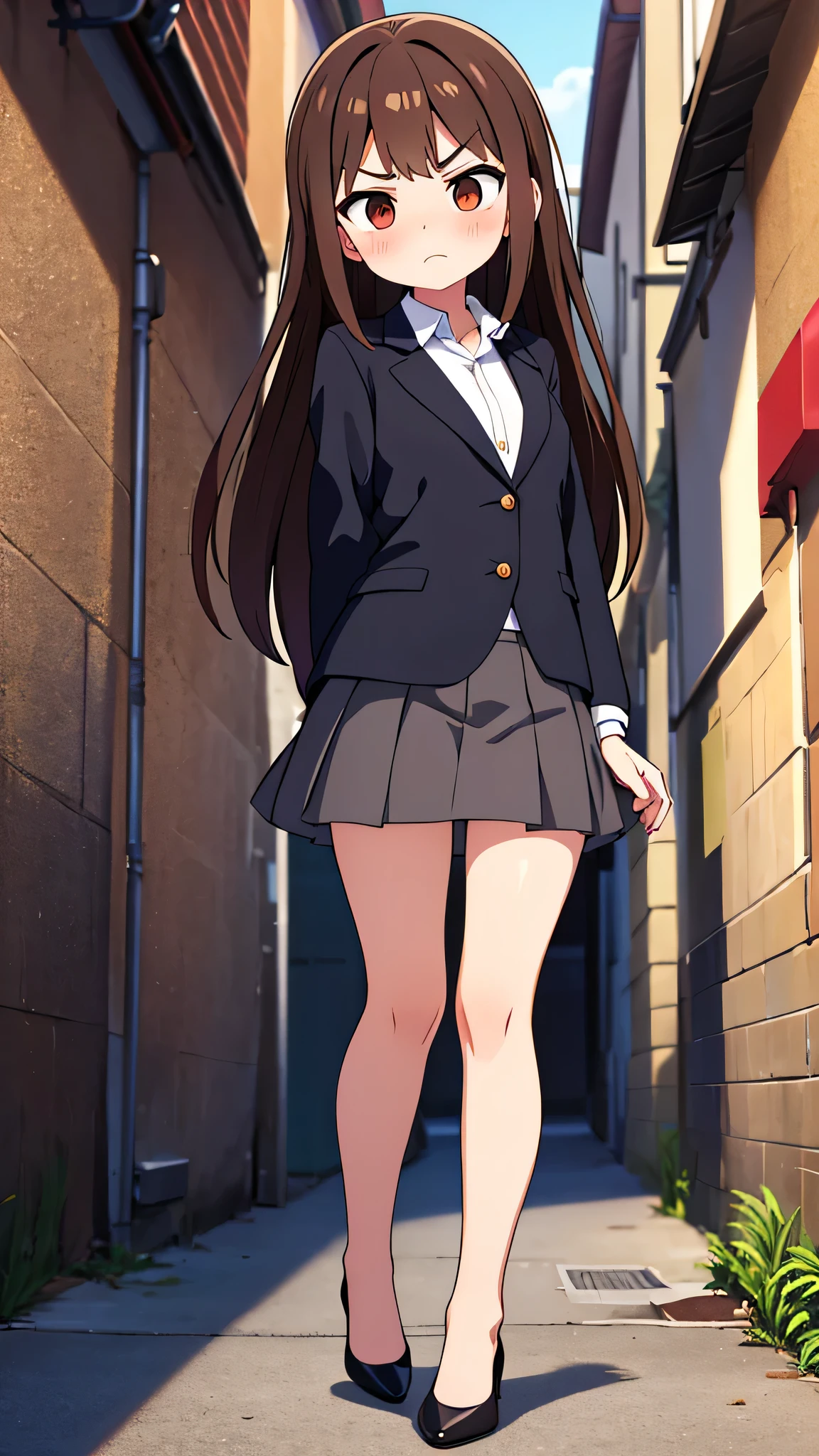 masterpiece、highest quality),Brown Hair,Hime cut,Long Hair,Bangs,girl,Back Alley,In a suit,OL,Woman with an angry face,Blushing,Slender women, A woman wearing plain black pumps,Bare feet and pumps,Open collar,Estrus,Stand with your legs together,hold the skirt with both hands