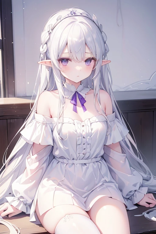 Best quality, highly detailed, masterpiece, ultra detailed, (reality: 1.2), 1 girl, (white background), simple background, delicate eyes, silver hair, purple eyes, hair_ornament, (white off-the-shoulder shirt: 1.3), long hair, pointy_ears, crown_braid, expressionless, straight hair, (++ sitting: 1.2), room,