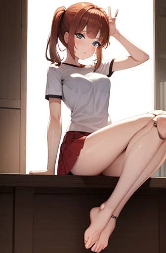 A Female robot is sleeping in the book, spread legs, nude, banzai pose. she wears no dress. She Brown short hair is tied with two big red clothespins, She lifts up the under hem of her white plain dress, leaning over, masterpiece, very short pigtails,brown hair, mature, android, blue eyes, full body figure, Height: 160cm, flushed cheeks, 2020s anime picture, A beautiful robot with short brown hair in two short pigtails held up by two very large huge red clothespins, Uplifting, No NSFW, whole body, barefoot, archaic smile, getting orgasm, 25 years old, sweat bucket. short sleeve shirt, pleated skirt, beautiful scenery, evening, skirt lift, no panties, genitals visible, full body shot, sexy face.