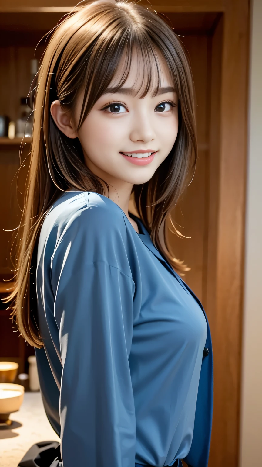 highest quality, shape, Very detailed, finely, High resolution, 8k wallpaper, 完璧なダイナミックな構shape, Beautiful Skin, (Big eyes), Beautiful 20 year old girl, Natural color lip, (Sexy pose), Center of chest, smile, Very detailedな顔と肌の質感, Fine grain, double eyelid,Laughing with loose teeth, close, From behind, Long blonde hair, (Blue blouse:1.2), sunset