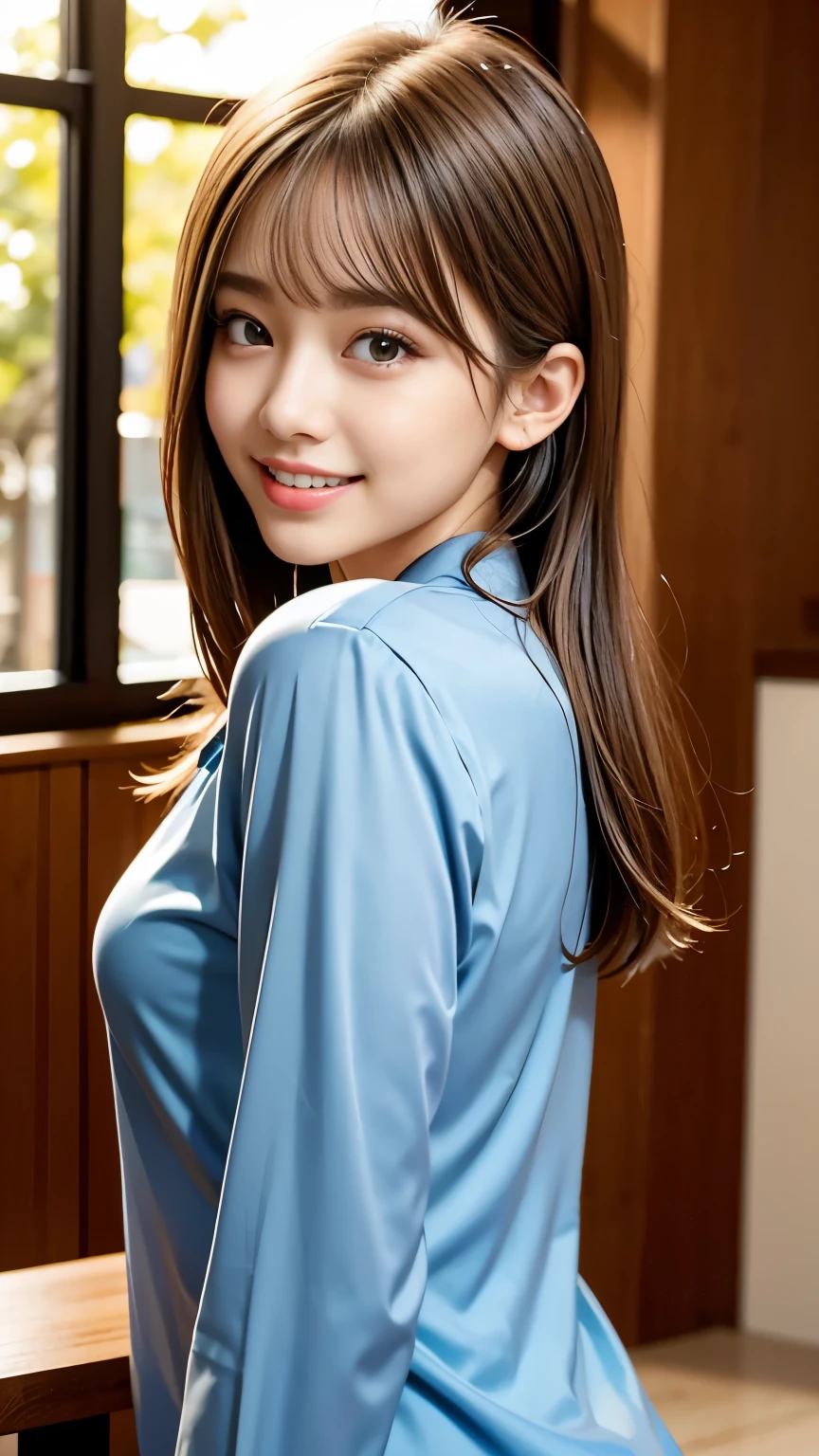 highest quality, shape, Very detailed, finely, High resolution, 8k wallpaper, 完璧なダイナミックな構shape, Beautiful Skin, (Big eyes), Beautiful 20 year old girl, Natural color lip, (Sexy pose), Center of chest, smile, Very detailedな顔と肌の質感, Fine grain, double eyelid,Laughing with loose teeth, close, From behind, Long blonde hair, (Blue blouse:1.2), sunset
