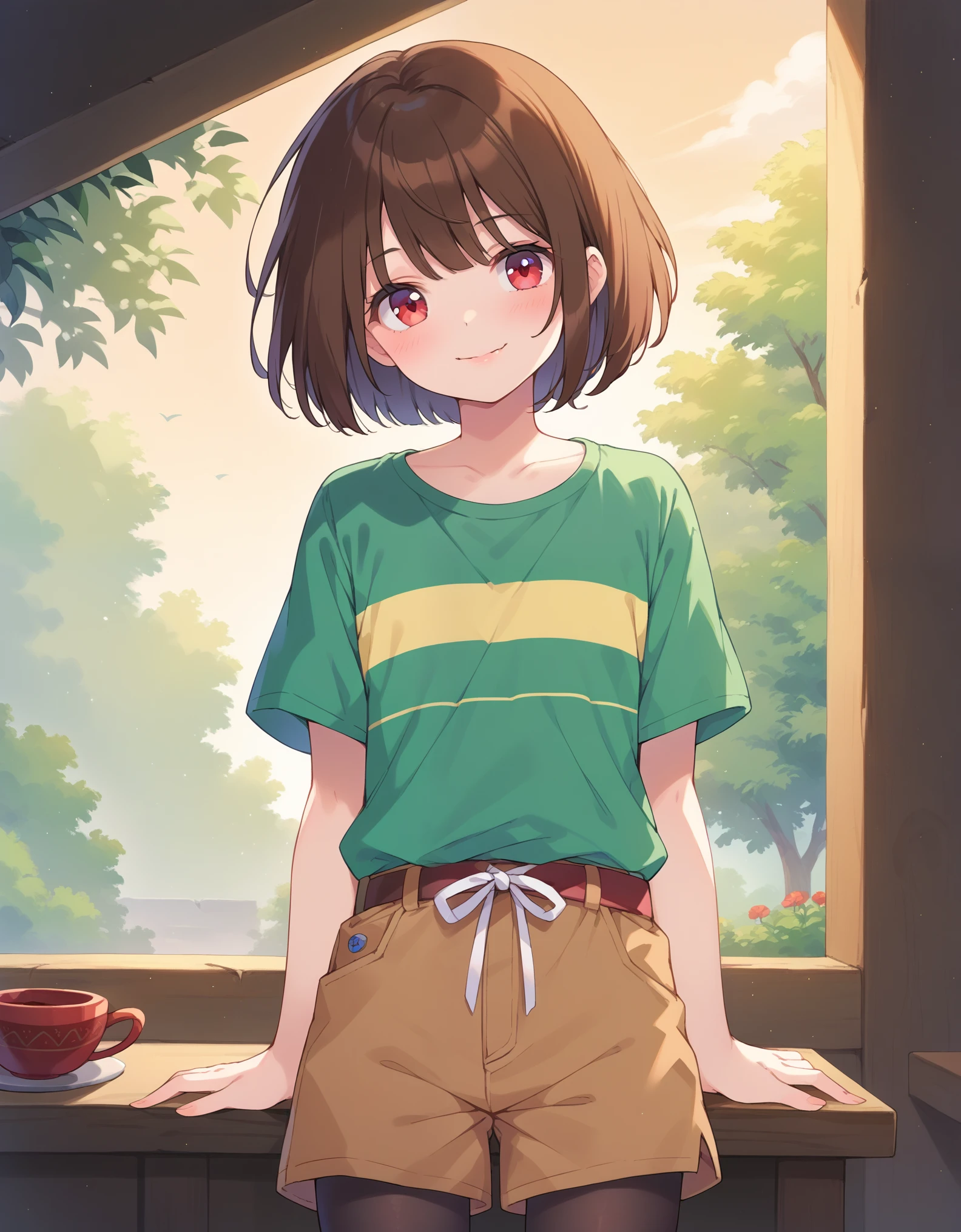 score_9, score_8_up, score_7_up, score_6_up, source_cartoon, ((best quality)), ((masterpiece)), (detailed), Undertale Chara, brown hair, (brown shorts: 1.3), bob cut, short hair, black pantyhose, (green shirt: 1.3), red eyes, (1girl: 1.3), (solo: 1.3), stripes, striped shirt tetas con una altura de 2 y 0.0 centimeters y un grosor de 0.0 centimeters