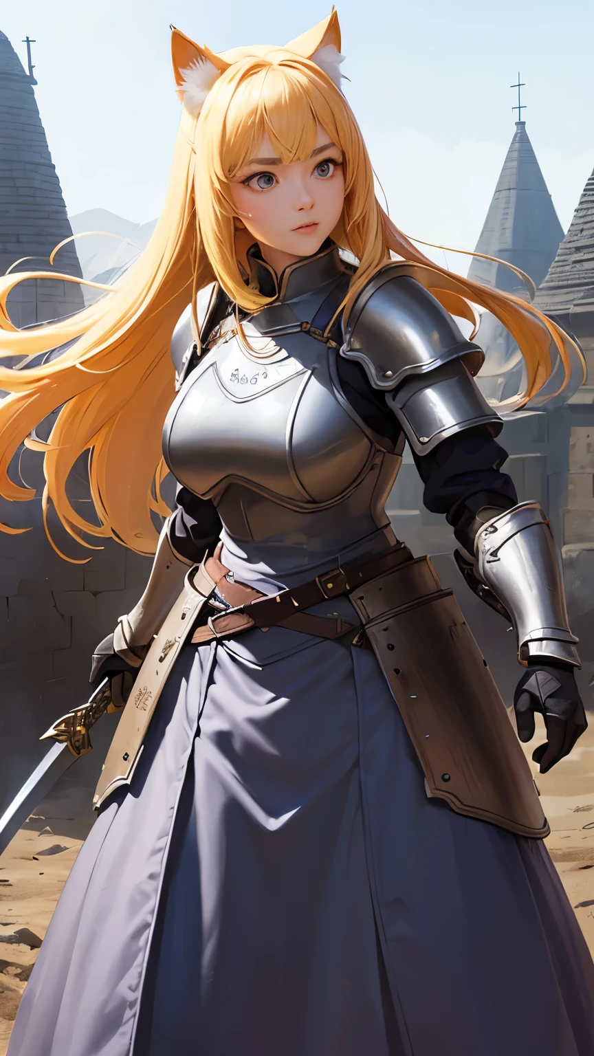 ((Highest quality))、((8K))、((Adventurer))、((Old woman))、woman、Big eyes、Double、Soft、大人のwoman、whole body、(sword)、(armor)、((whole bodyarmor))、Cat ear、Yellow Hair、long hair、((battlefield))、Cape、((Real))、Big Breasts、Long skirt、commander、