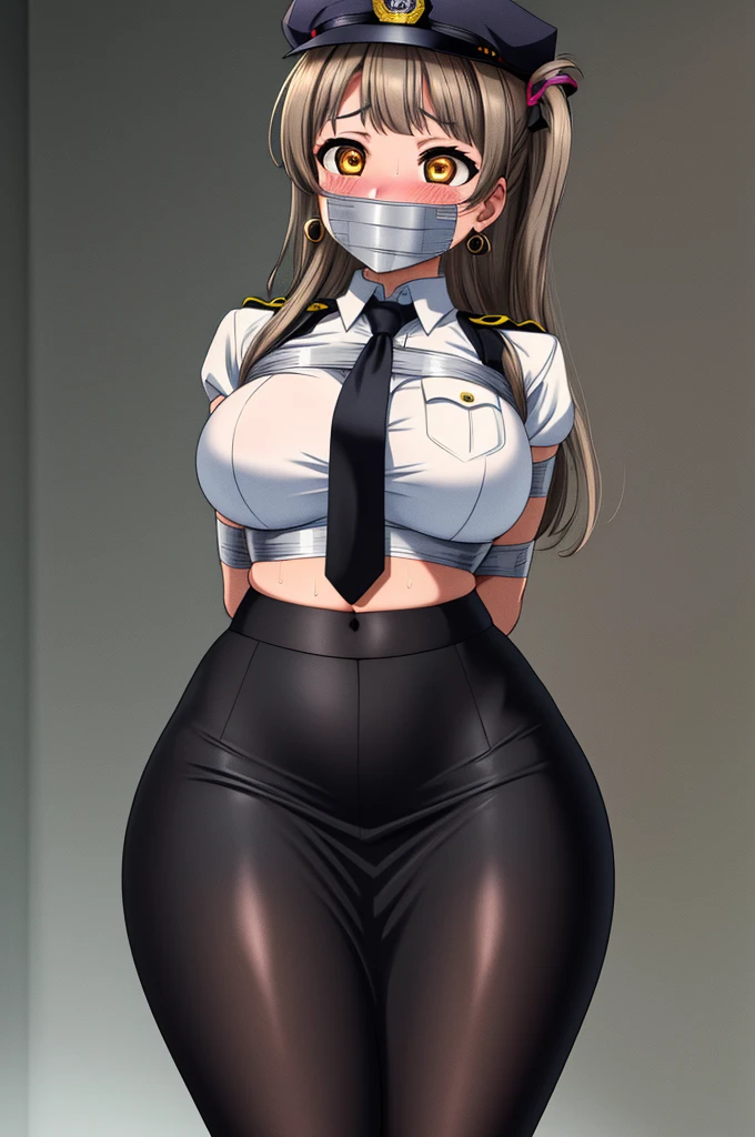 (best quality,4k,8k,highres,masterpiece:1.2),solo,portraits,pencil skirt,crop top,curvy body,wide hips,thighs,narrow waist,necktie,earrings,blushing,shy pose,sweaty,skin tight,minami kotori,big breasts,standing,cowboy shot,police cap,Tape Gag,Tape Bondage