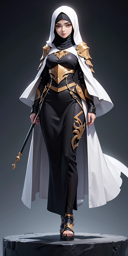 Paladin girl clad in a heavy armor set, her figure concealed by the layered protection. Beneath the armor, she dons a long sleeve white abaya, maintaining her modest attire. A black hijab gracefully covers her head, adding a striking contrast to her fortified appearance.