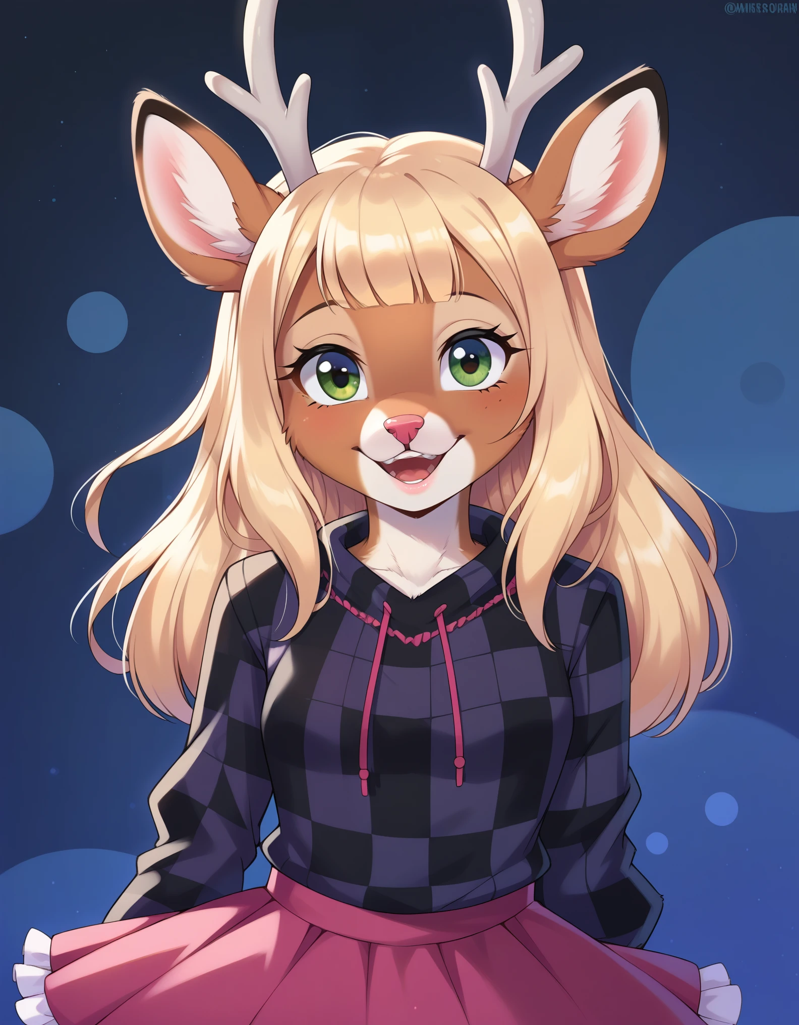 noelle, furry female anthro, deer girl, teeth, standing, portrait, skirt, checkered sweater, solo, (body fur:1.2), (best quality), (abstract background:1.2), small breasts, dramatic lighting, (detailed fluffy fur:1.1), looking at viewer, smile, open mouth, 