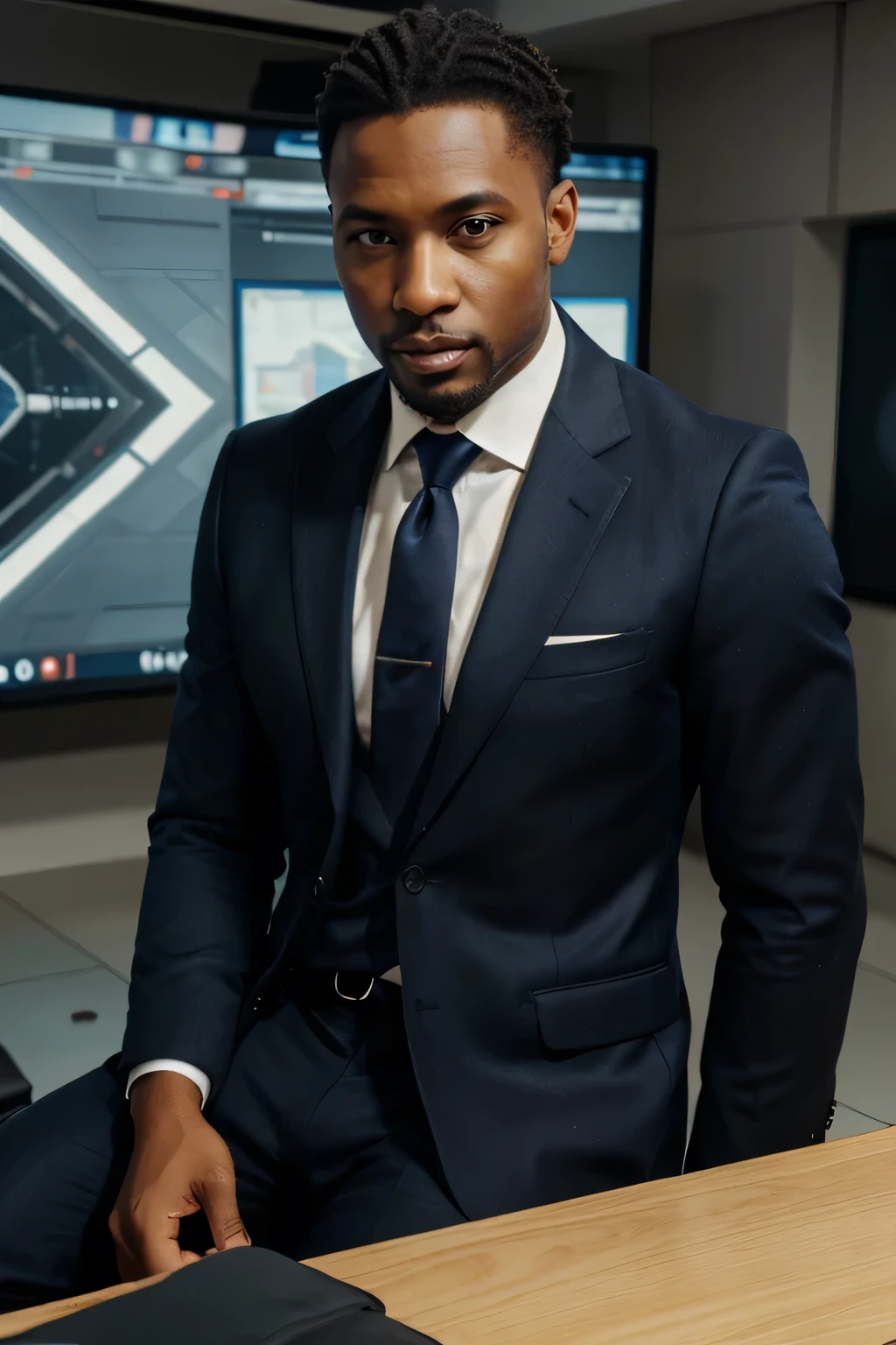 Realistic, (masterpiece, best_quality:1.1),symmetric portrait, looking at camera,1 black man, 30-years-old,young,zegna, Drop+7, Double vents, Notch lapels, Flap pockets, 2-button closure, Fully lined, Deconstructed, 100%+Wool, navy suit, wearing a undercloth and tie, oxford knot, A professional black male news presenter, making engaging eye contact with the viewers, The studio background is sleek and modern, sitting behind broadcaster anchor desk, with news graphics displayed on the screens in the background,ensure clarity and detail,hyperdetailed, photorealistic,