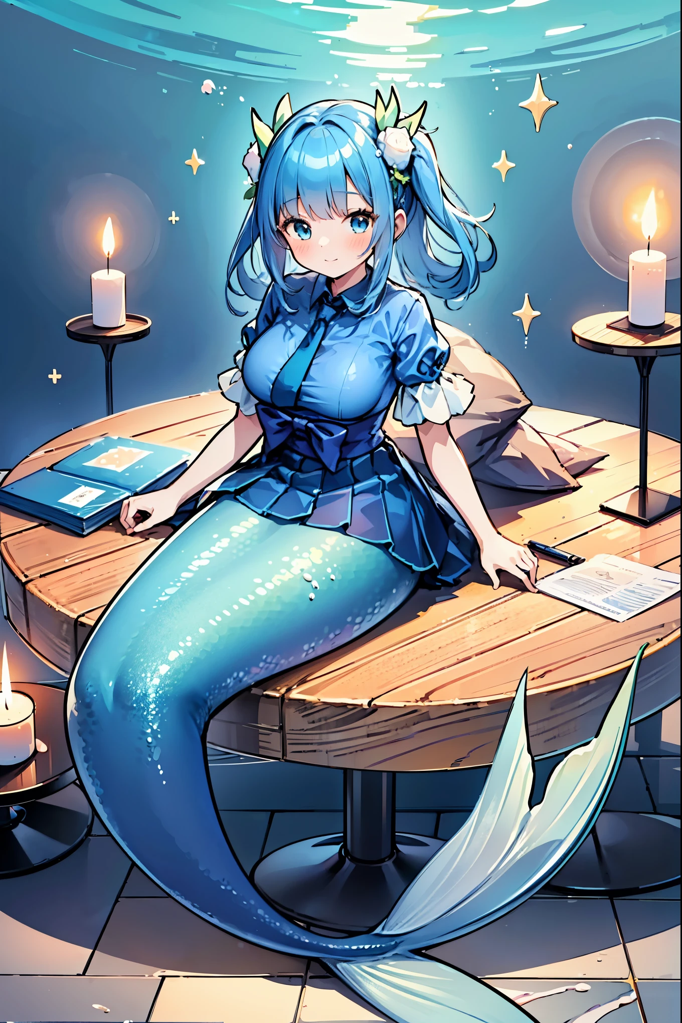 masterpiece, best quality(Full fingers),A woman,Large Breasts,Mermaid,Blue shirt,Blue skirt,藍色的Mermaid尾巴,full-body shot,seabed,Underwater,Sitting,charming脸(Kawaii, charming,Soft)