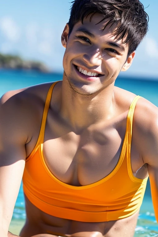 male cute Age 28 Lifesaver swimwear smiling