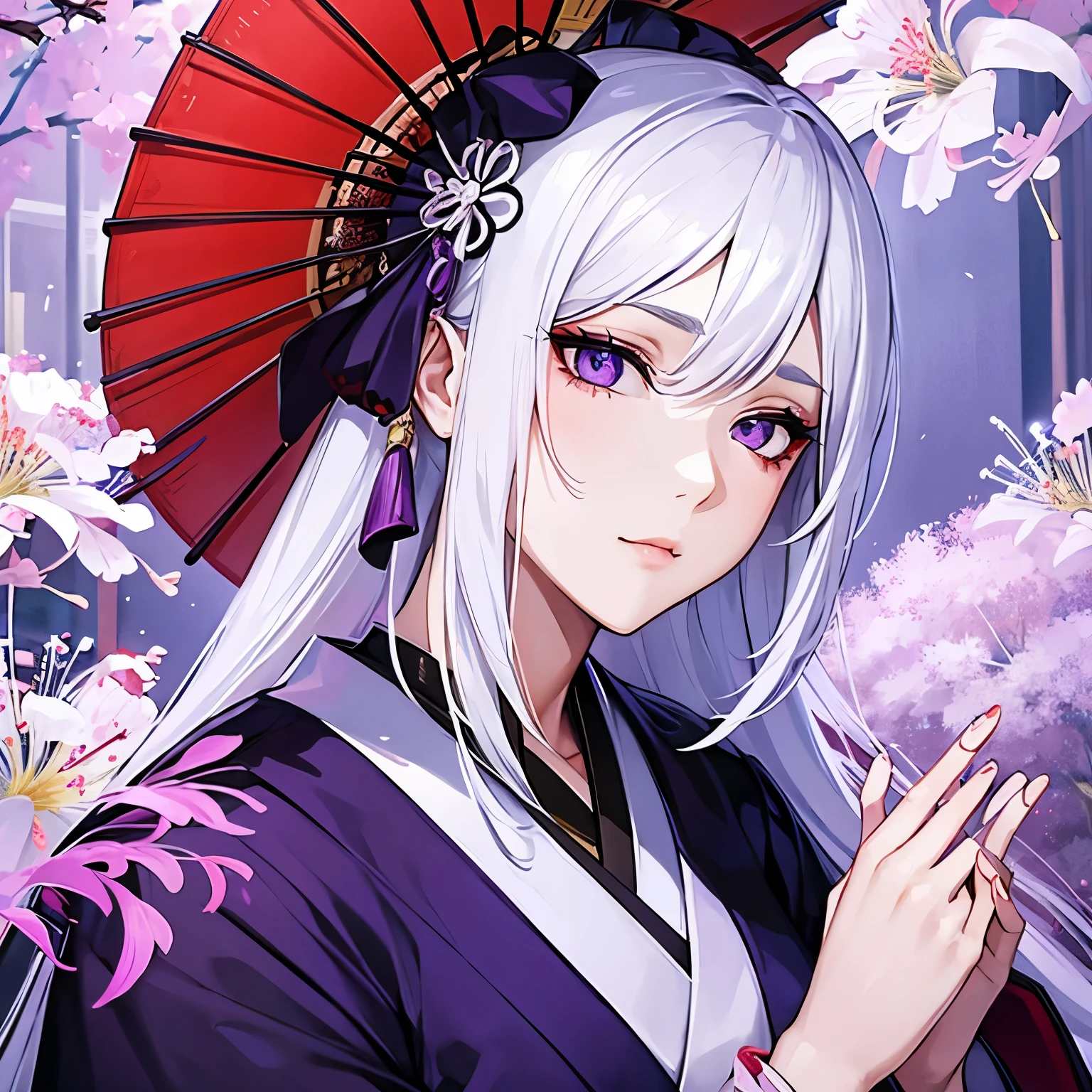 Beautiful woman with white hair and wearing a kimono、Purple eyes、Expressionless、There are red spider lilies blooming all around.