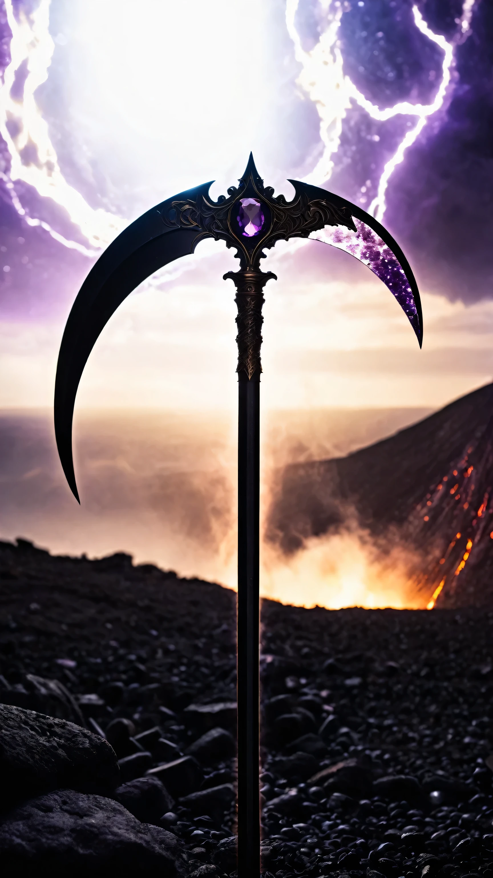 Amethyst Scythe of the Void, Carved from the essence of shadow and adorned with shimmering amethyst gems, the Amethyst Scythe of the Void embodies the darkness that lurks beyond reality, Its design is ominous and foreboding with a curved blade resembling obsidian infused with swirling violet energy, The shaft is crafted from ethereal shadows seeming to fade in and out of existence, At its apex a radiant amethyst pulsates with the void's power, With a sweep it tears through the fabric of reality creating ripples in the very fabric of space, Its touch invokes a chilling sensation of emptiness draining the essence from anything it strikes, In the hands of a master of the void it can summon dark portals and unleash tendrils of darkness, consuming all in its path and plunging them into the depths of the void, masterpiece, best quality, hyper detailed, ultra detailed, UHD, dof, hyper-realism, majestic, awesome, inspiring, cinematic, deep blacks, cinematic composition, soft shadows, national geographic style, wide shot, long shot, far away, bokeh, detailed background, volcano ruins, volcano flowing lava,