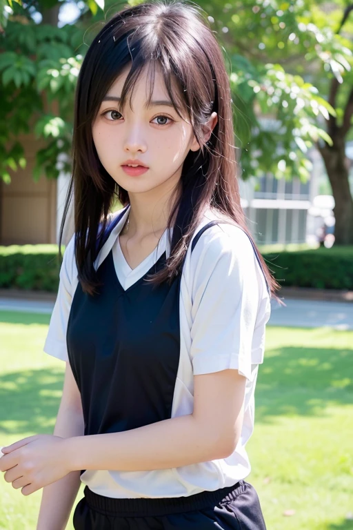 Best quality,raw photo  , 19 years old Japanese female idol, leg raise sit-ups ,face closeup ,from above , POV , dynamic angle,school uniform , Short hair, bowl cut ,cute face  ,edgy,droop  ,wet , 