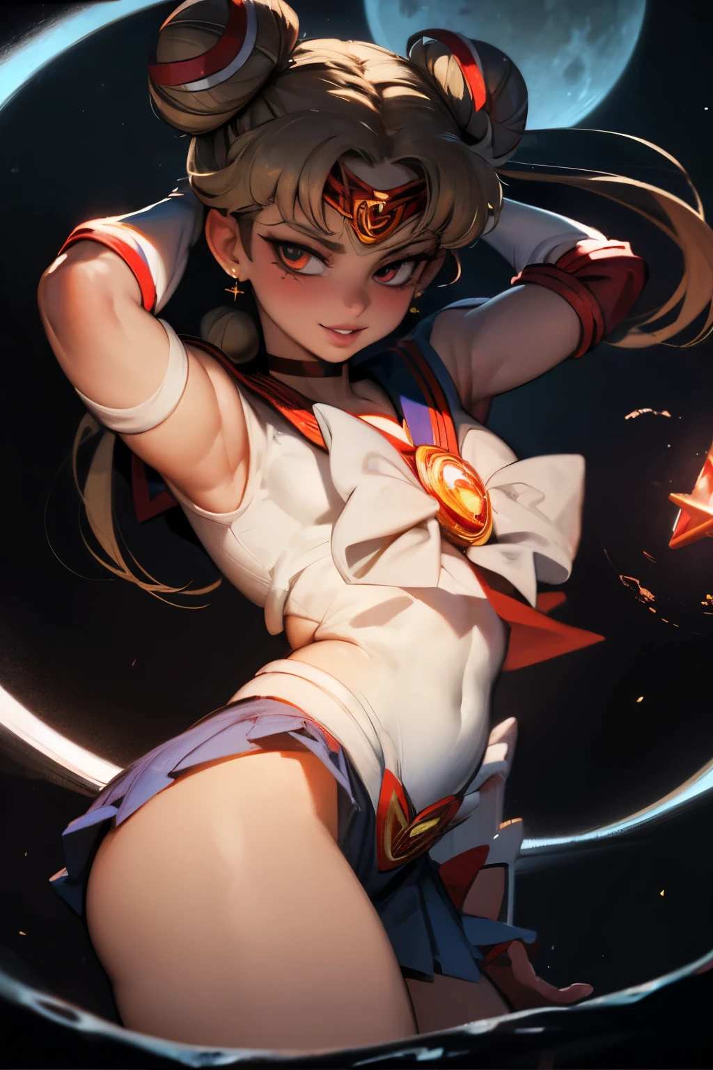(masterpiece, best quality:1.4), (sitting on a rock:1.2), (full body:1), (from back:1), 1girl, solo, (european youth:1), aausagi, (double bun:1.5), (twintails, parted bangs, circlet, tiara with a red stone, sailor senshi uniform, jewelry, earrings:1.5), (blonde:1.2), (choker), (red bow, white gloves, elbow gloves:1.2), (blue skirt:1.2), (blue skirt:1.2) inocent smile, looking at viewer, beautifull smile, beautiful face, highly detailed face, highly detailed eyes, highly detailed skin, skin pores, subsurface scattering, realistic pupils, full face blush, full lips, detailed background, depth of field, volumetric lighting, sharp focus, absurdres, realistic proportions, good anatomy, (realistic, hyperrealistic:1.4), moon background, nightlight 16k hdr,