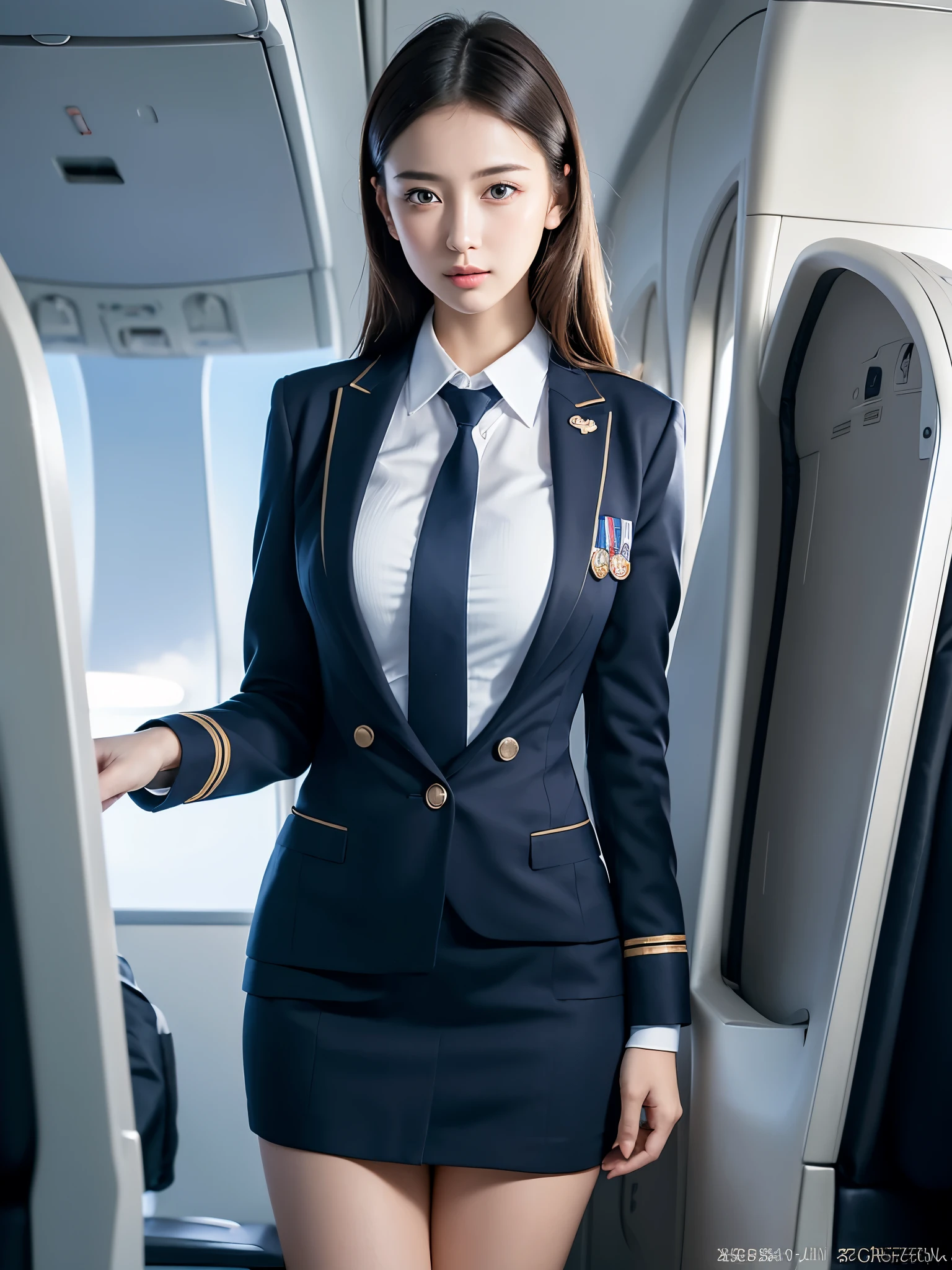 Top Quality, Masterpiece, 8K, Ultra High Definition, (Photorealistic: 1.4), 1 Girl, Beautiful Face, Symmetrical Eyes, Big, Perfect Body Proportions, Stewardess Uniform, Viewer's Look, (Inside the Airplane: 1.2), Front View, Shoulder Jump, Absolute Area (1.3),