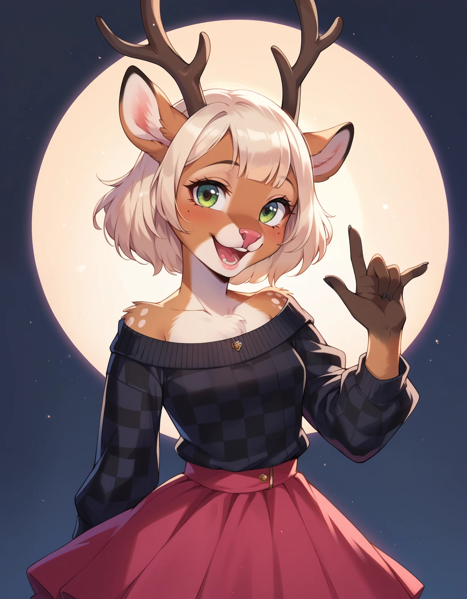 score_9, score_8_up, score_7_up, score_6_up, source_cartoon, noelle, furry female anthro, deer girl, teeth, standing, portrait, skirt, checkered sweater, solo, (body fur:1.2), (best quality), (abstract background:1.2), small breasts, dramatic lighting, (detailed fluffy fur:1.1), looking at viewer, smile, open mouth, 