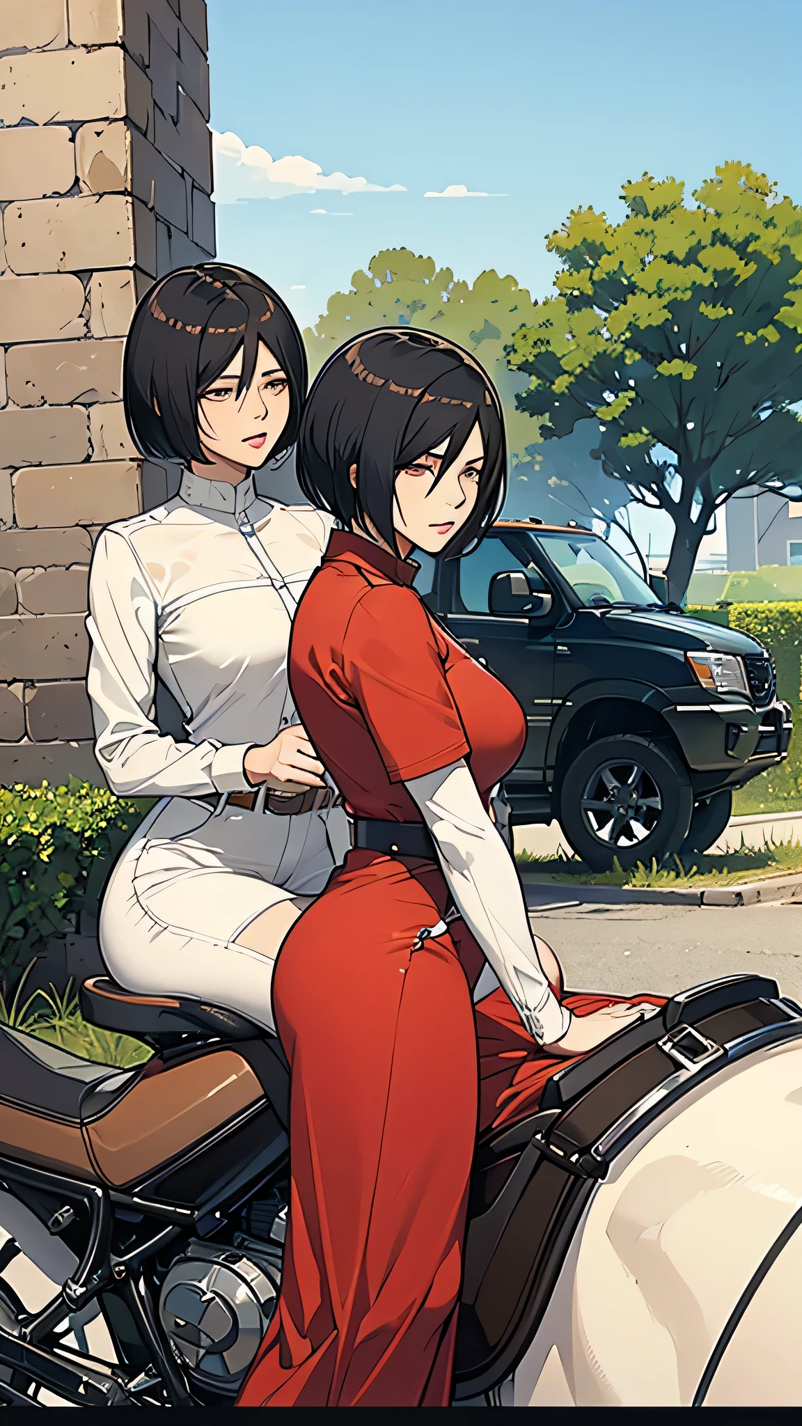 Short hair(mikasa hair cut), face detail, arrogant look, angry, 
Thick thighs, thick ass, detail outfit, wearing bodystuck long dress, change top outfit's colour as white, top is white colour, change black motor cycle at behimd as a horse,
(A horse Backgroud)