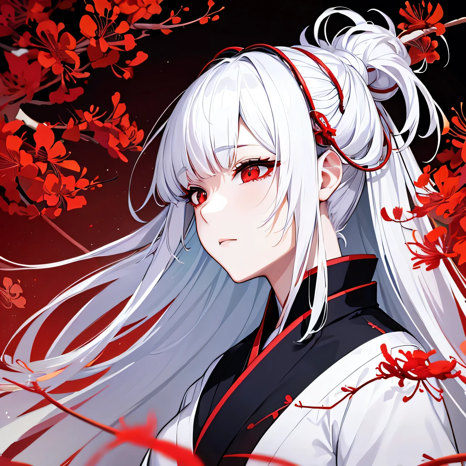 A beautiful woman with white hair wearing a kimono、Red eyes、Expressionless、Red spider lilies are blooming around the area.. whole body、Black background、Her white hair is down