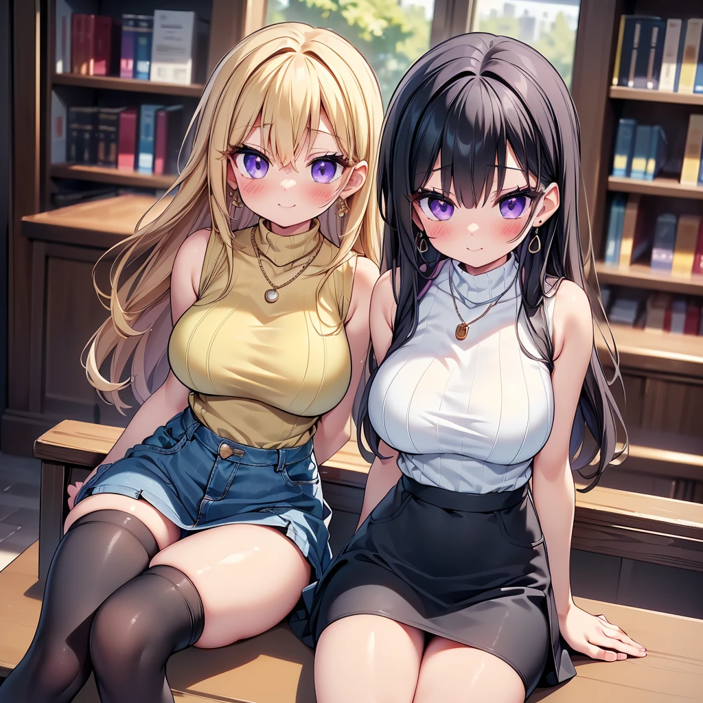 (Tabletop, highest quality, High resolution, , Perfect Pixel, 4K,), 1 girl, single, alone, Beautiful woman、I could see the whole body、 ((Wavy mid-hair, bangs, Black Hair)), ((Purple eyes, Beautiful eyelashes, Realistic eyes)), ((Detailed face, blush:1.2)), ((Smooth texture:0.75, Realistic texture:0.65, Realistic:1.1, Anime CG Style)), ((Soft Breasts)), Dynamic Angle, Perfect body, ((, Beige sleeveless turtleneck sweater、Tight Denim Mini Skirt、Black Stockings、Cute Necklace、Earrings Massage your breasts with both hands)), Superior、A shy smile、In front of the bookshelves in the library、Sit at a desk、(Angle from below、)