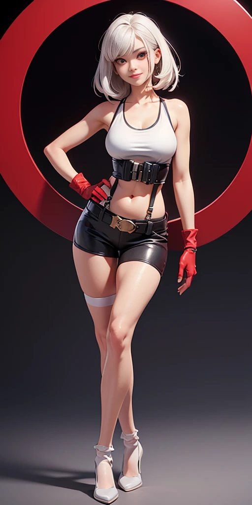 (plain background:1.2) (8k, best quality, masterpiece:1.2) (realistic, photo-realistic:1.37) (full body) 1female solo girl, standing straight symmetrical contrapposto 2legs apart (wide stance) ultra detailed, cute (beautiful detailed eyes) (smile:1.2) (closed mouth) (red cheeks) sharp focus, view from below depth of field, good composition, very long straight WHITE SILVER hair, hair bang ((red eyes)), intricate, bokeh (Tetsuya Nomura style) perfect knockers, white tank top, black thong, suspenders, red gloves gauntlets, white stockings, toned body, athletic, wide hips, thin waist, toned arms, exposed abdomen, abs toned, navel, big belly button belt