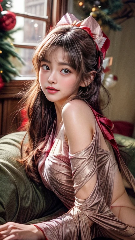 masterpiece、8K、32K、top-quality、(A detailed eye)、(A cute Japanese woman、bangss)、23years old、1 girl in、elegent、(Detailed background depiction、portlate:1.2)、(blushed face、ssmile:1.5)、(DEKU、illuminations、Christmas:1.3)、Lots of gifts、(Plump body、nudde:1.1)、(wrapped a ribbon around the body:1.5)