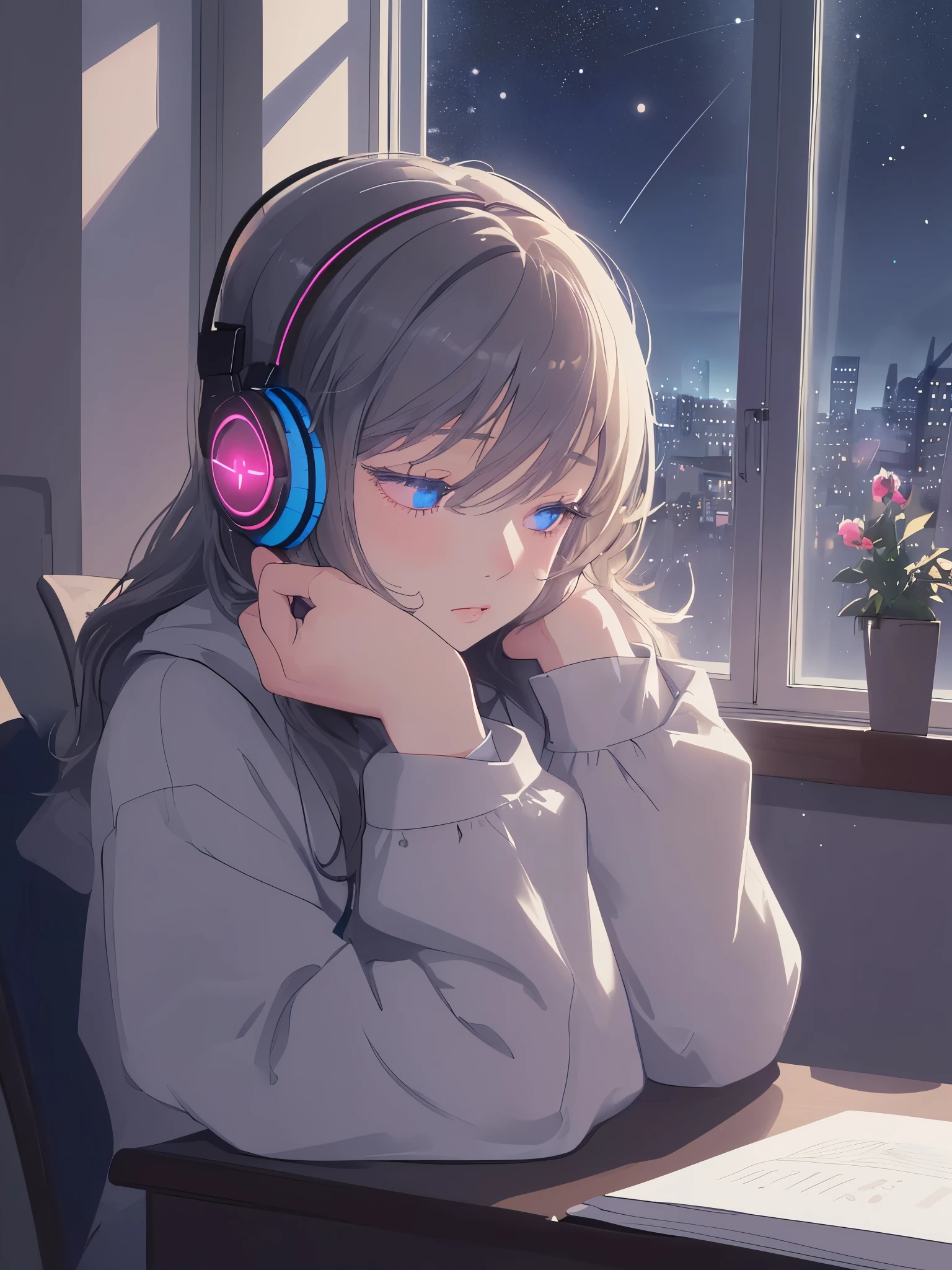 girl,sleeping,sitting,headphones,night,room,desk,big window,night sky view,illustration,detailed eyes,soft lips,cozy atmosphere,indoor scene,(best quality,highres:1.2),ultra-detailed,realistic,portrait,calm colors,soft lighting