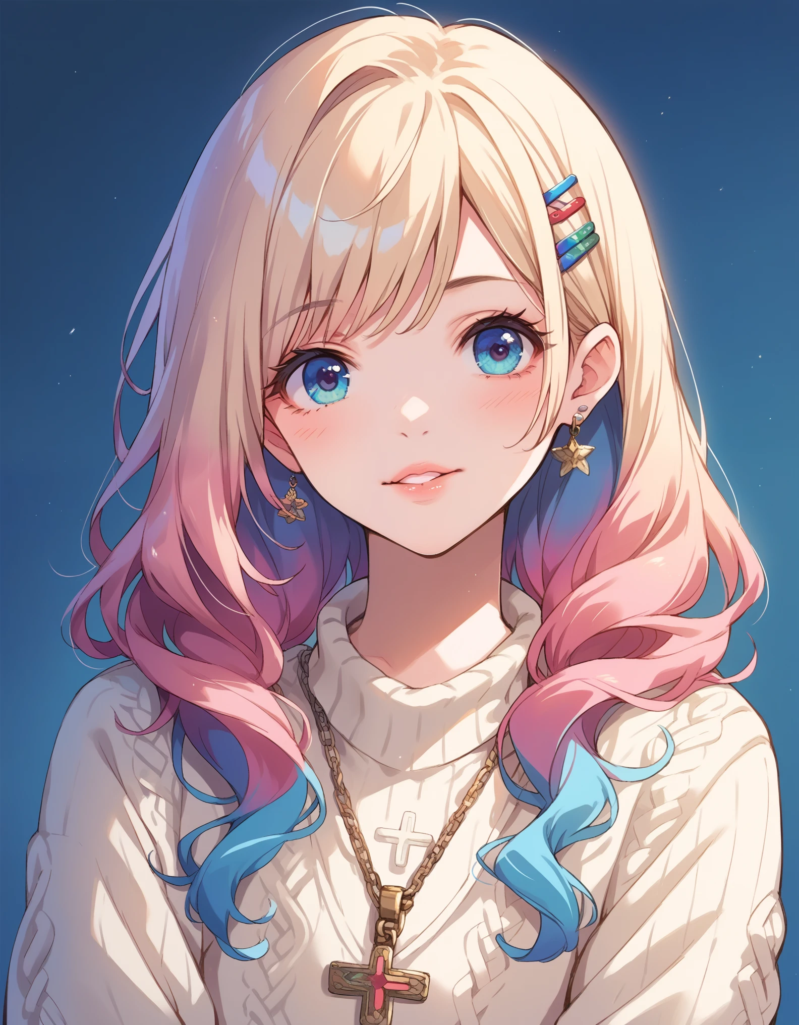 score_9, score_8_up, score_7_up, score_6_up, source_anime, illustrator, anime , realistic ,sketch , 1 girl, ,lip, sweater,order, Blue gradient background, neon hair,Textured trim, Canadian, (masterpiece,Best quality) ganyou