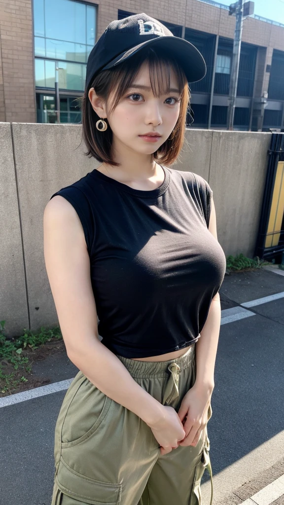muste piece, best quality, illustration, Super detailed, fine details, High resolution, 8K,wall paper, perfect dynamic composition,(Details High quality, realistic depiction of eyes:1.3), baseball cap, earrings, (black t-shirt), (baggy cargo pants), short bob hair, black hair color, Big Natural Color Lip, y pose, (perfect body shape), crying a little、cold gaze, Harajuku style、20 year old girl、cute type、lolposing Gravure Idol, full body photo、focus on crotch, huge breasts