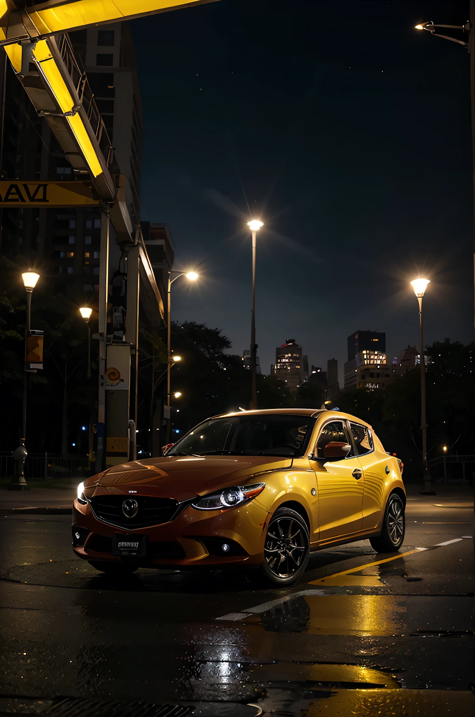 Sebuah mobil mazda astina dengan lampu depan yang terbuka warna kuning dengan velg mercy ring 18 sedang terparkir miring di depan mal new york