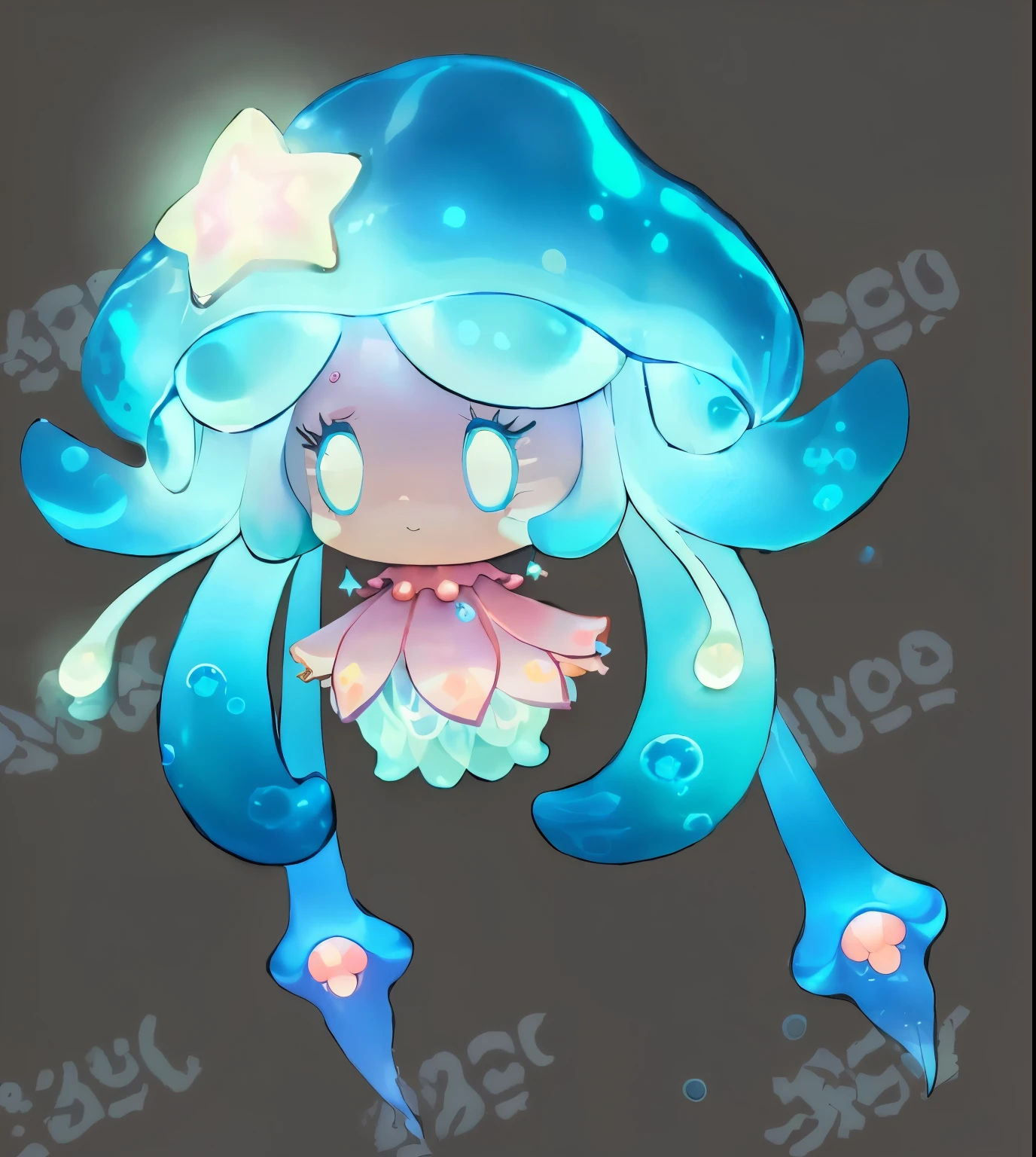 Cartoon Characters,A blue and pink jelly,There is a star on the head, luminous Water Element, jellyfish god, Jellyfish Priestess, supernova octopus, iridescence Water Element, Red Cliff, Water Element, The joy of slimy shiny reflections, alien squid, Cute glowing creatures, Squid Phoenix Jellyfish, Water type, butterfly squid, Humanoid pink female squid girl