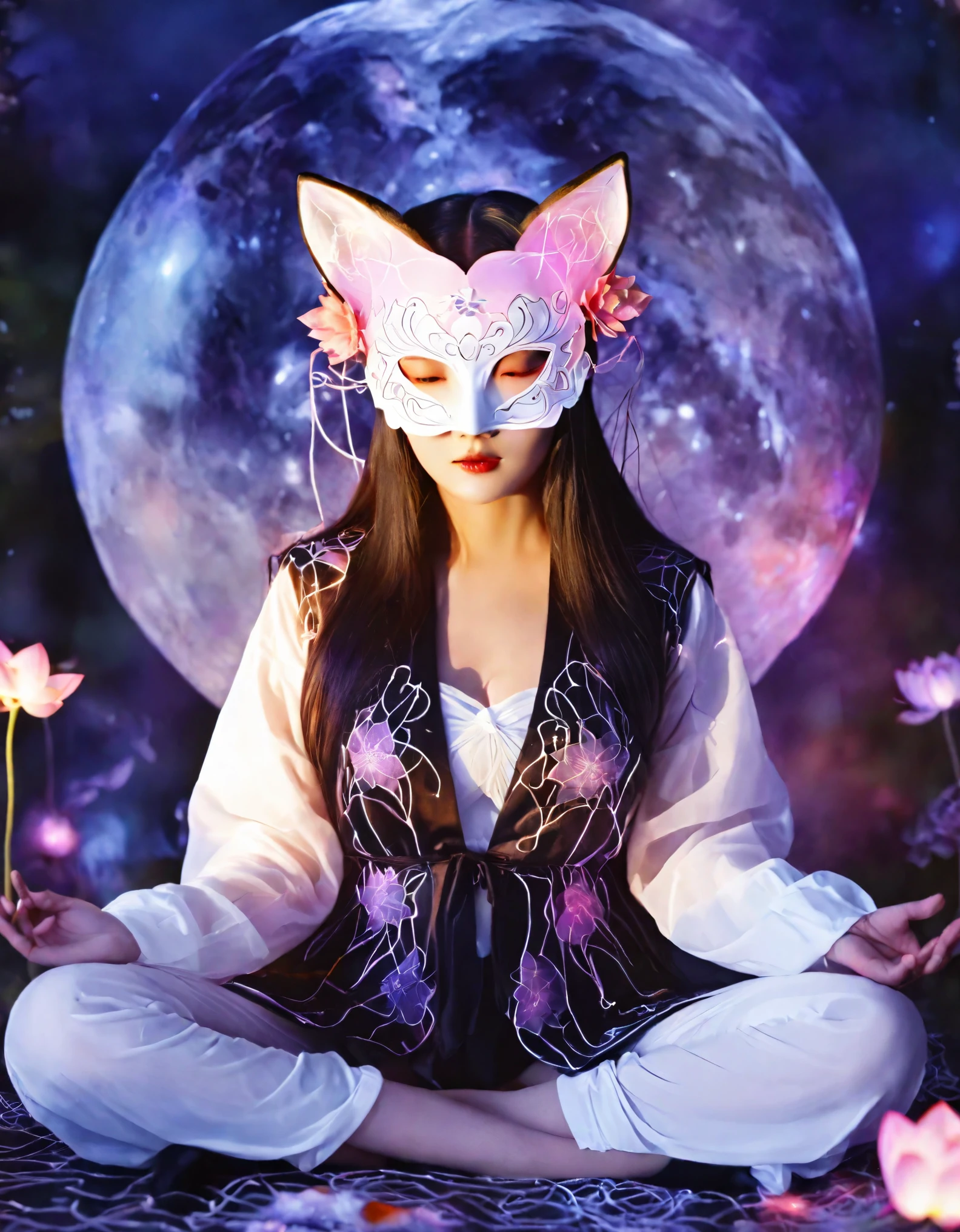 fullbody Photography of lotus pose girl,Raw, cinematic shot, (sharp focus:1.5), (photorealistic:1.4), twilight lighting, volumetric lighting, ultra high res, 16K,dramatic lighting, abstract backgrounds:1.5)(zentangle,datura,Tangles,entangled:0.7)Kitsune witch,kitsune mask,Haori jacket, foxfire spell, fox family, transformation, depth of field, Fantastical Atmosphere, The most beautiful form of chaos, ellegance, Dark theme of Fauvist design, Flower of Death, Flowers of ecstasy,Glowing Line,Glow Example,Tracking example,flash, Backlight,translucent,light particles