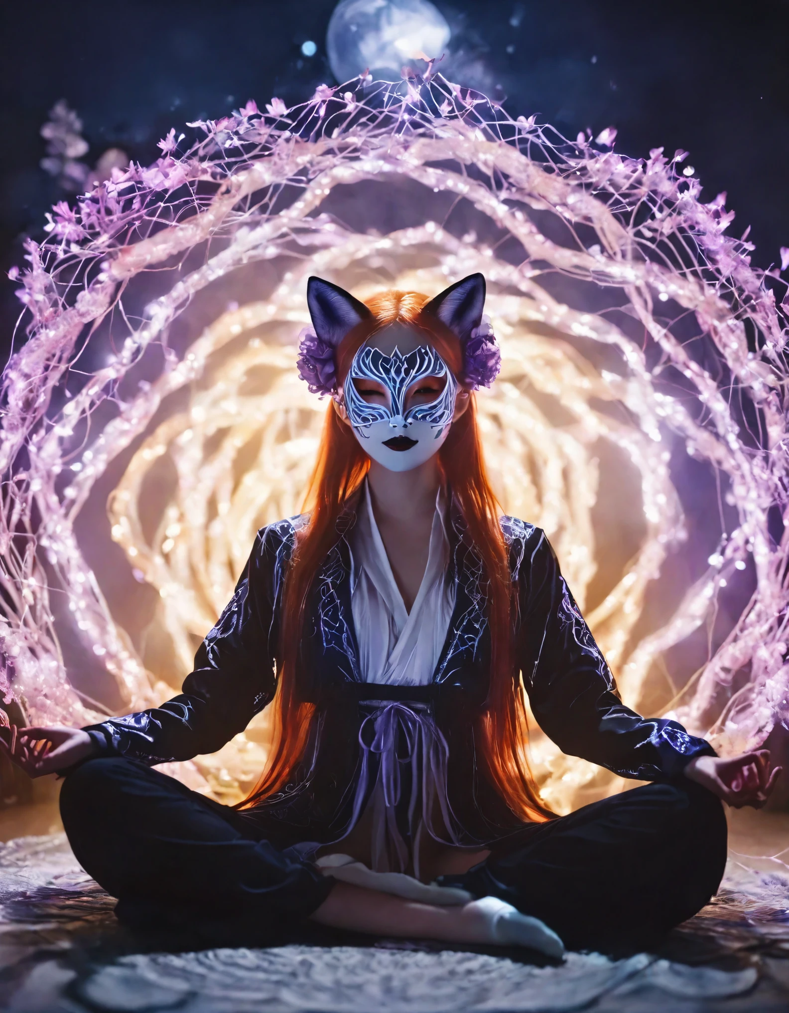 fullbody Photography of  lotus pose girl，Raw, cinematic shot, (sharp focus:1.5), (photorealistic:1.4), twilight lighting, volumetric lighting, ultra high res, 16K,dramatic lighting, abstract backgrounds：1.5）（zentangle，datura，Tangles，entangled：0.7）Kitsune witch，kitsune mask，Haori jacket, foxfire spell, fox family, transformation, depth of field, Fantastical Atmosphere, The most beautiful form of chaos, ellegance, Dark theme of Fauvist design, Flower of Death, Flowers of ecstasy，Glowing Line,Glow Example，Tracking example，flash， Backlight，translucent，light particles