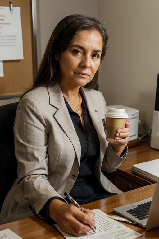 "An image of Ana Maria Silva old 45 years in her office, sitting behind her desk while working on her computer. She is wearing a stylish suit and holding a cup of coffee while reviewing reports."