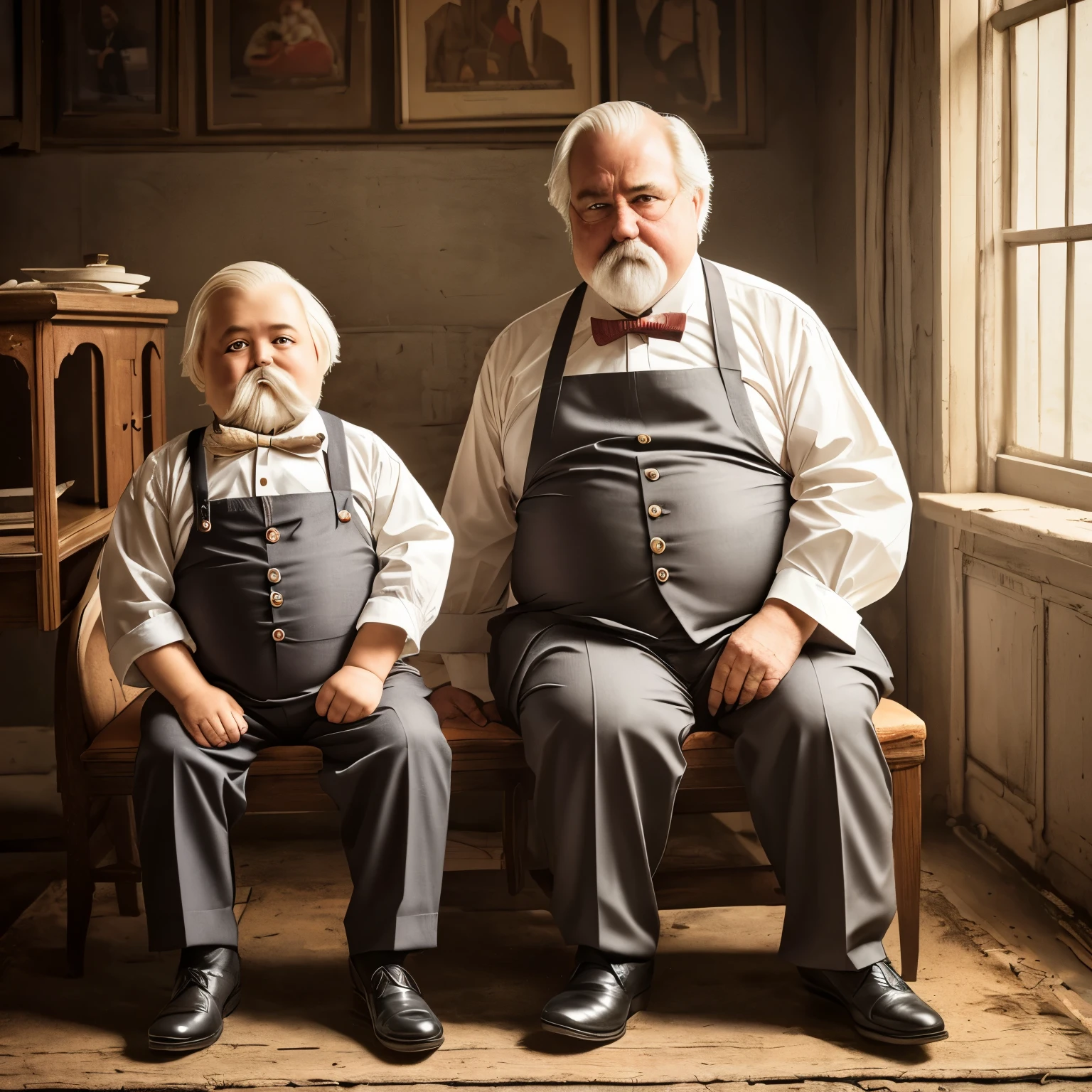 /imagine promt a creppy man of 60 years old, with long mustache and short blonde hair, dressed with elegant suit, the man is with a terrifying and dirty doll that looks as a body of a fat kid without mustache and he have dressed an apron, they are sit down in a creppy circus in the 20th century, strong facial expression, looking at the camera, hyperrealist. 8k resolution, photo taken with Nikon d750, --ar 65:128-