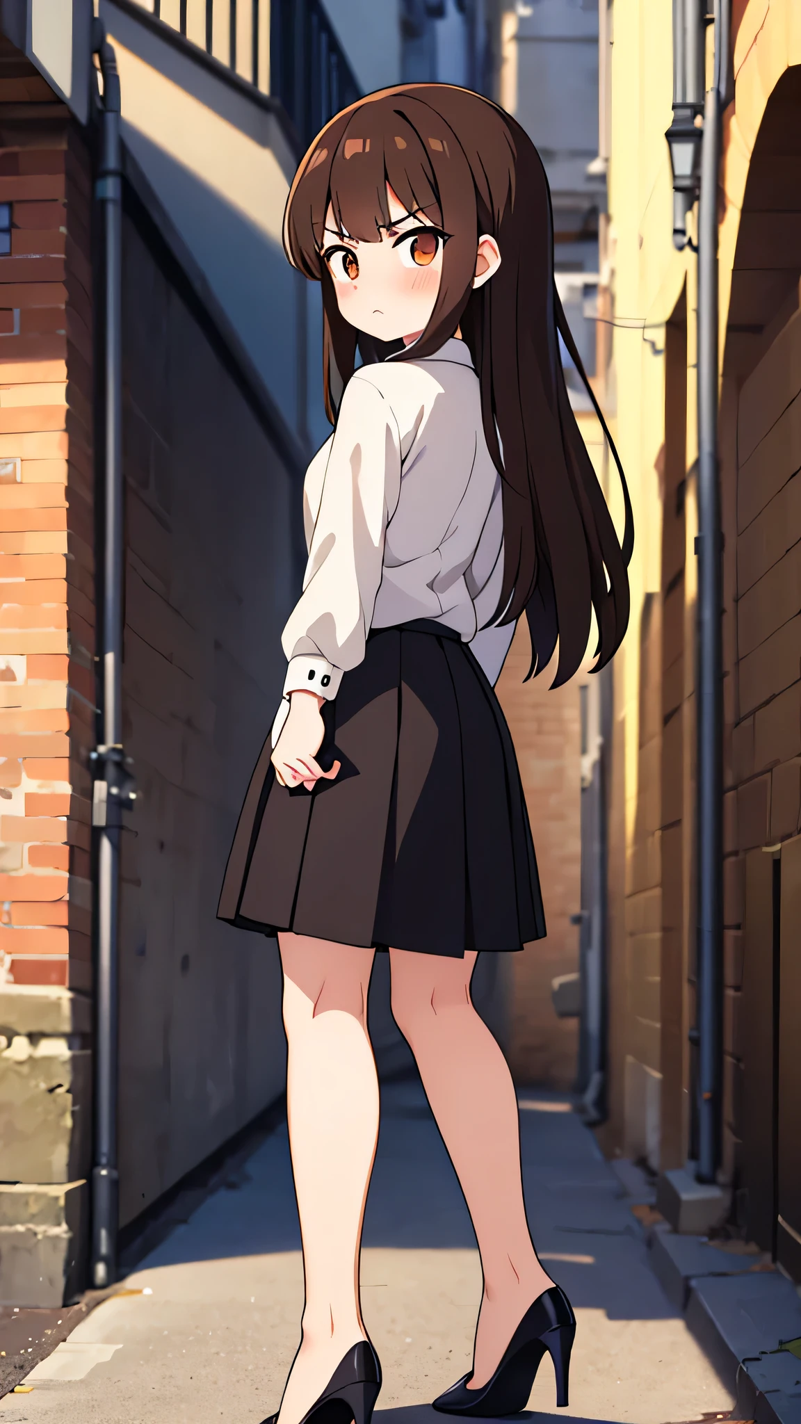 masterpiece、highest quality),Brown Hair,Hime cut,Long Hair,Bangs,girl,Back Alley,In a suit,OL,Woman with an angry face,Blushing,Slender women, A woman wearing plain black pumps,Bare feet and pumps,Open collar,Estrus,Stand with your legs together,hold the skirt with both hands