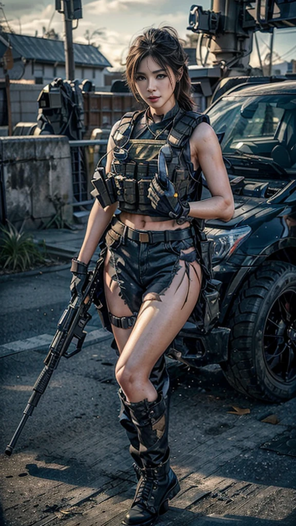 (Realistic photos:1.3, 16k, highest quality, masterpiece, Ultra-high resolution), Perfect dynamic composition:1.2, Very detailedな肌と顔の質感:1.2, , (Covered in scars:1.0, war:1.0, battlefield:1.0, warの世界:1.0, Increase the disruptive element:1.0, rubble:1.0, Innovative Configuration:1.0), Professional camera work, Action pose:1.0, Very detailed, Beautiful Japanese women serving in the US military, (Automatic rifle:0.5, Bulletproof vest:0.5, Torn clothes:1.0, Backpack:0.5, boots), Incredibly slim body, Fair skin, Very beautiful face, Stern expression, Shapely breasts, Chest gap, (Big eyes that exude beautiful eroticism, Lips that exude beautiful eroticism), Cowboy Shot, necklace, Earrings, bracelet