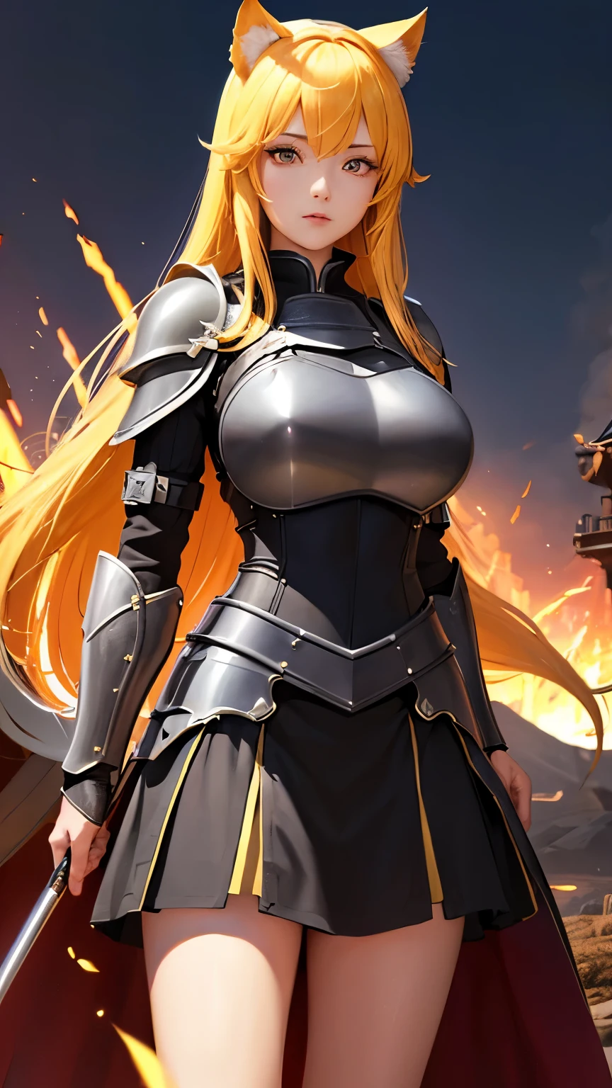 ((Highest quality))、((8K))、((Adventurer))、((Old woman))、Slit eyes、Adult women、whole body、(Cane)、(armor)、((whole bodyarmor))、Cat ear、Yellow Hair、long hair、((battlefield))、Cape、((Real))、Big Breasts、Long skirt、((commander))、