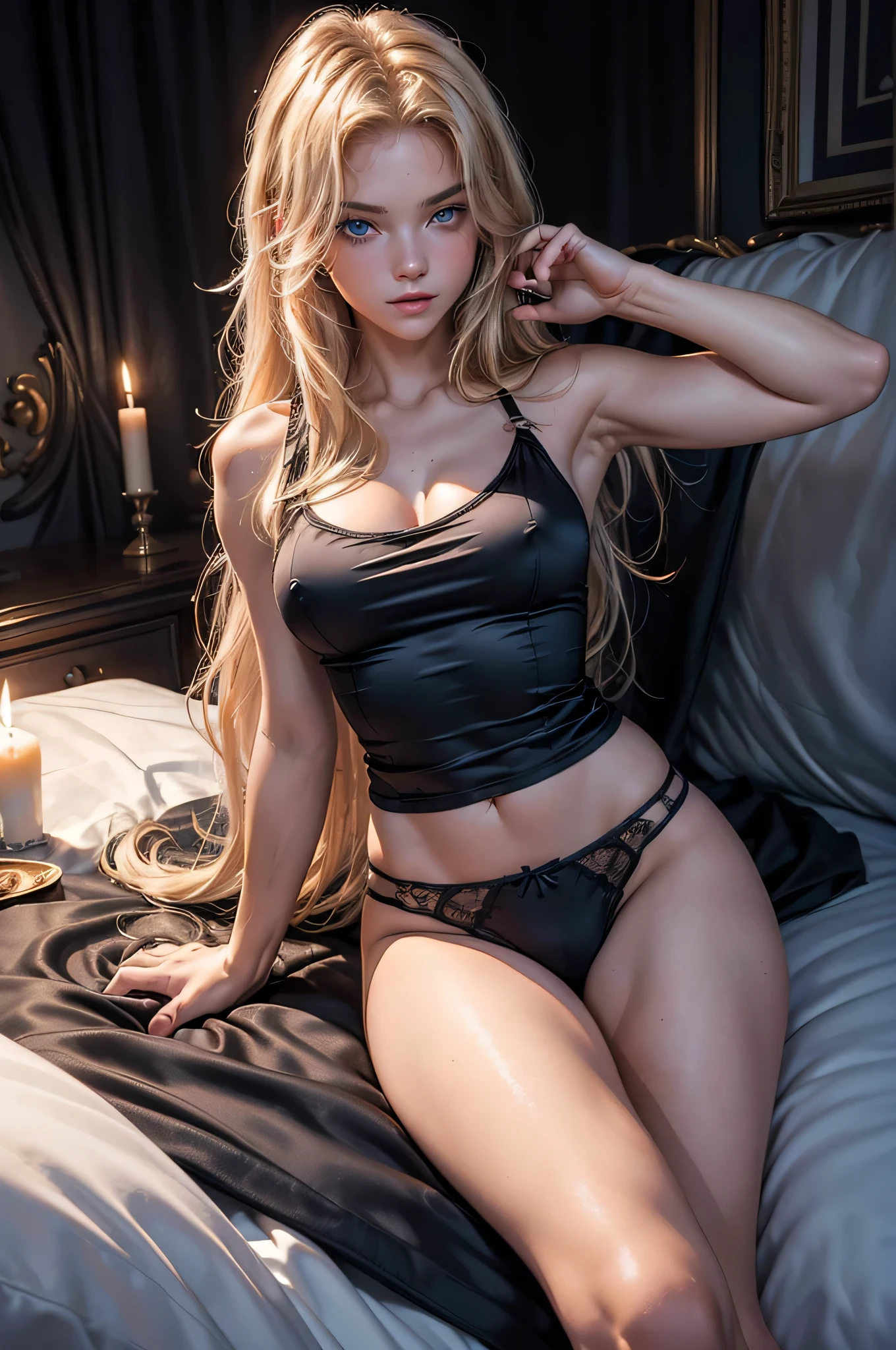 (((18-year-old American female babysitter))), ((skimpy outfit - black satin camisole)), ((sexy body - full, ripe breasts)), ((long blond hair, blue eyes)), ((lavish bedroom)), ((on bed)), ((when: night time)), ((white satin panties visible)), ((candlelit)), ((naughty tease))