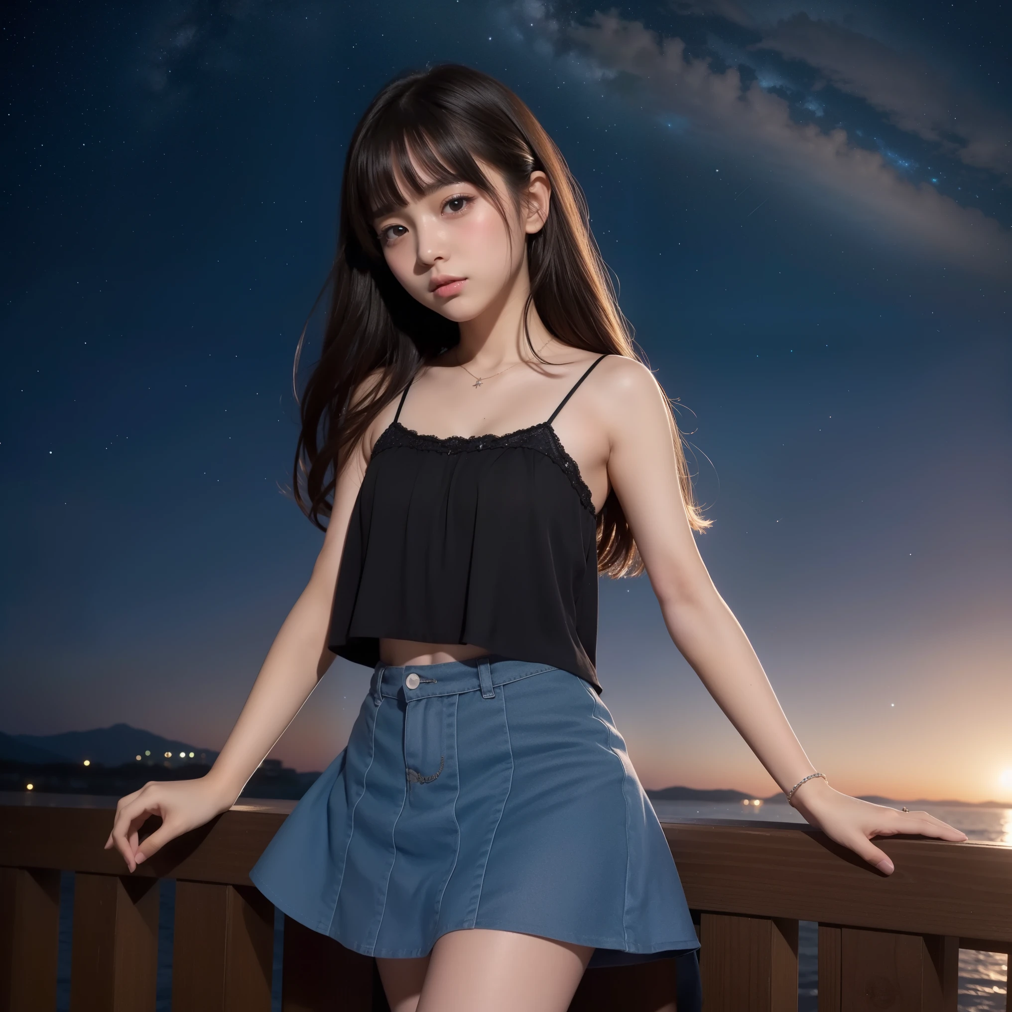Beautiful images、universe、Fantasy、Shooting start or swarm、 Girl、black eye、Hair length、Starry Sky、Japanese、high school girl、camisole、Fluttering mini skirt、