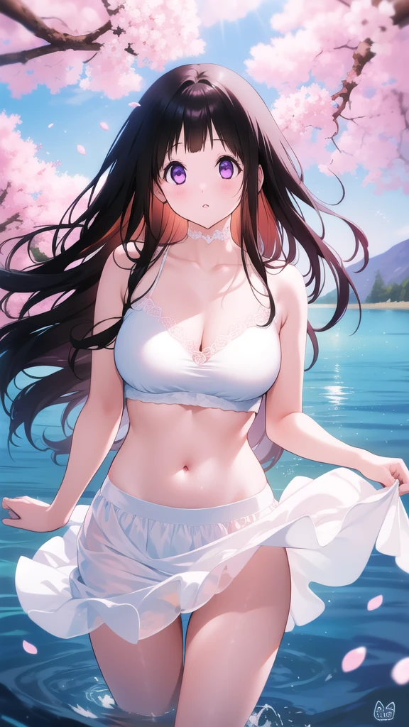 Amazing Chitanda, There is only one beautiful girl,Purple Eyes, Black Hair, Very red face,Very white skin,Glowing skin,Skin as delicate as porcelain,Naturally straight hair, Straight bangs,Extremely refined,Open lips,Long flowing hair,Beautiful Girl, Like a dream,Slim,Slim waist,Soft, (Sensual), (Kawaii), Dream quality,Beautiful big breasts,Half of the areola is exposed,White dress dress,The clothes are completely transparent,Clothes that show skin color,The clothes are completely soaked,Deep V neckline,Loose neckline,Neckline opens to the belly,by the lakeside,Lots of water on the thighs,Wind blows up skirt,no pants,Flying Butterflies,Cherry blossoms,Bare shoulders,Bare neck,Exposed collarbone,Showing breasts,Show your buttocks,Show your thighs,Exposing the groin,No pants,extremely shy,Ultra-high resolution, (masterpiece:1.2, best quality), (Delicate and beautiful eyes: 1.2), (Beautiful and delicate face)