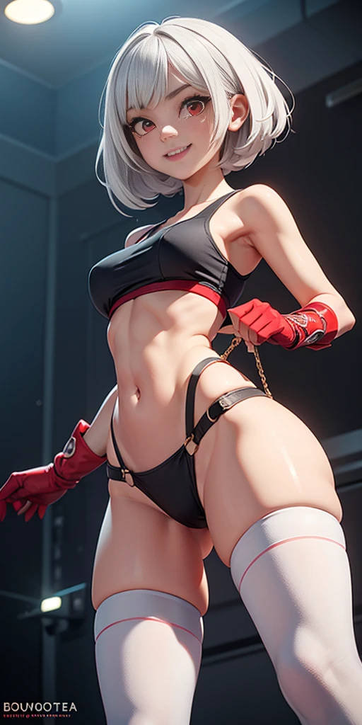 1female solo girl, standing straight symmetrical contrapposto 2legs apart (wide stance) ultra detailed, cute (beautiful detailed eyes) (smile:1.2) (closed mouth) (red cheeks) sharp focus, view from below depth of field, good composition, very long straight WHITE SILVER hair, hair bang ((red eyes)), intricate, bokeh (Tetsuya Nomura style) perfect knockers, white tank top, black thong, suspenders, red gloves gauntlets, white stockings, toned body, athletic, wide hips, thin waist, toned arms, exposed abdomen, abs toned, navel, big belly button belt