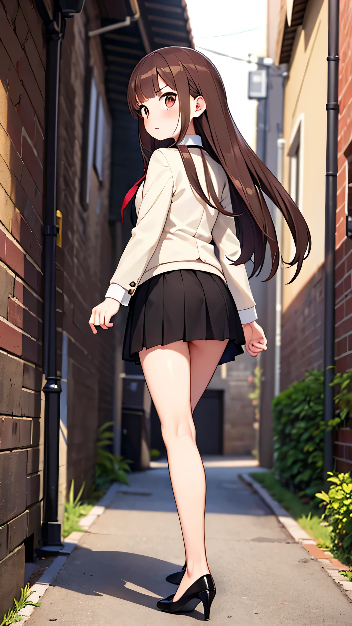 masterpiece、highest quality),Brown Hair,Hime cut,Long Hair,Bangs,girl,Back Alley,In a suit,OL,Woman with an angry face,Blushing,Slender women, A woman wearing plain black pumps,Bare feet and pumps,Open collar,Estrus,Stand with your legs together,hold the skirt with both hands
